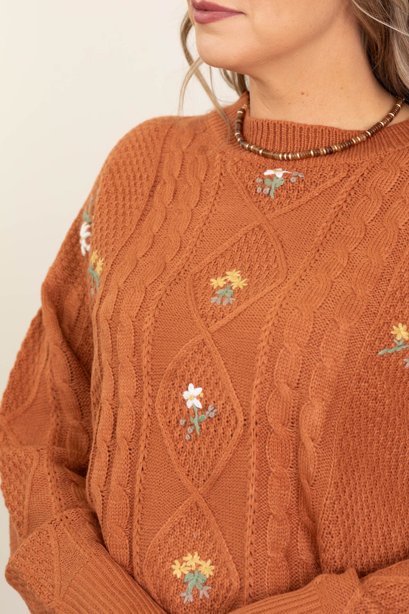 Burnt Orange Flower Cable Knitted Sweater