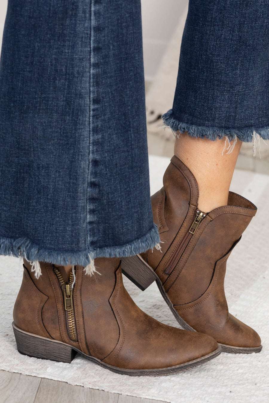 Brown Burnished Side Zip Bootie