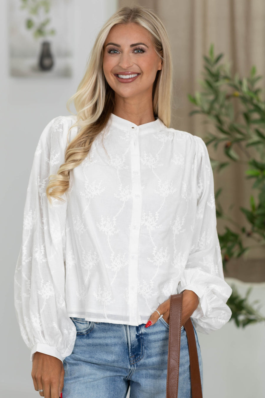 Off White Floral Texture Button Up Woven Top