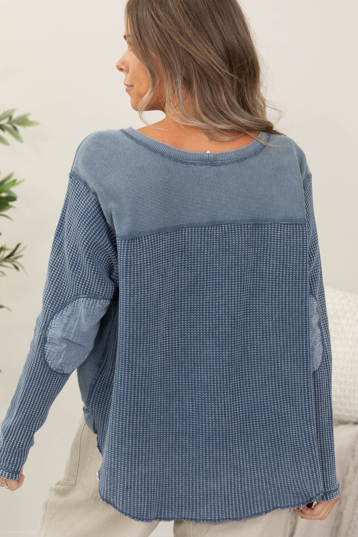 Slate Blue Washed Waffle Relaxed Knit Top