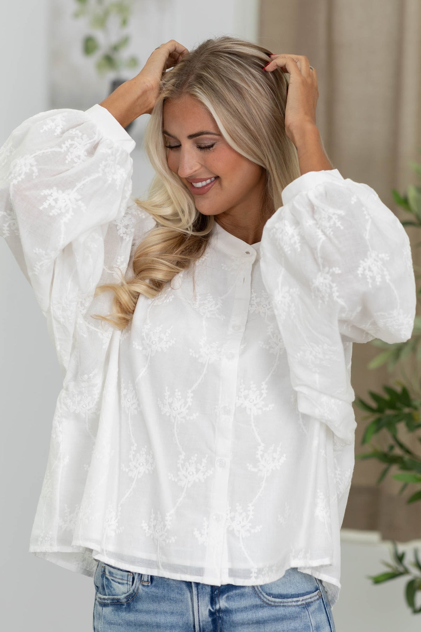 Off White Floral Texture Button Up Woven Top
