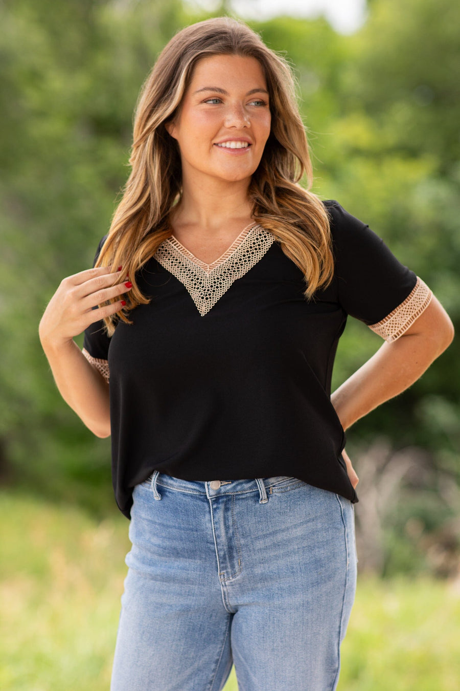 Black and Tan Crochet Trim V-Neck Top - Filly Flair