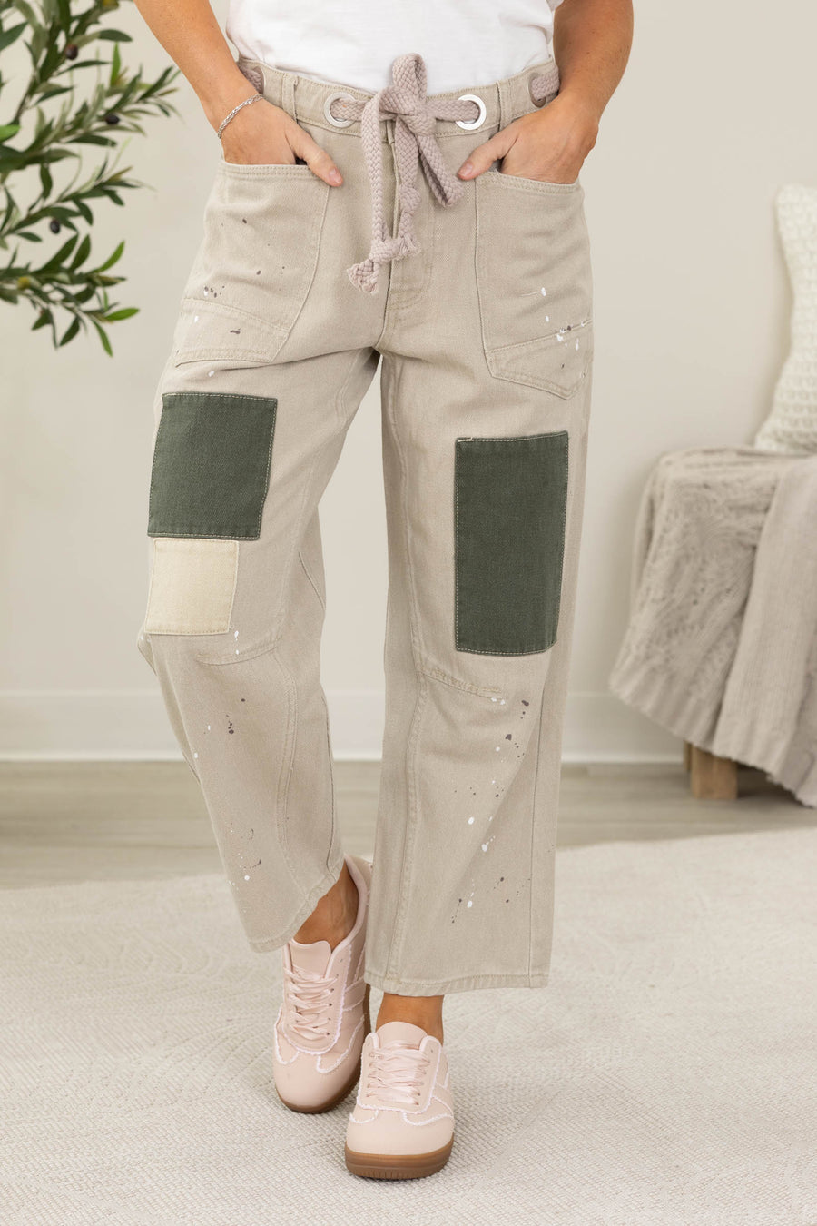 Denim Washed Vintage Painted Rope String Jeans