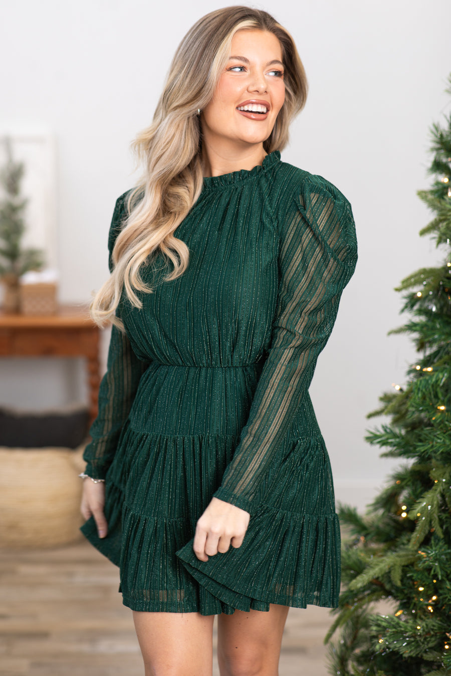 Emerald Green Long Sleeve Dress With Lurex