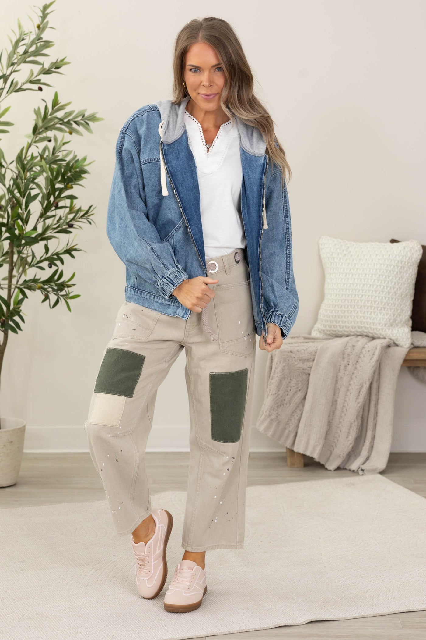 Medium Wash Denim Zip Jacket With Hood