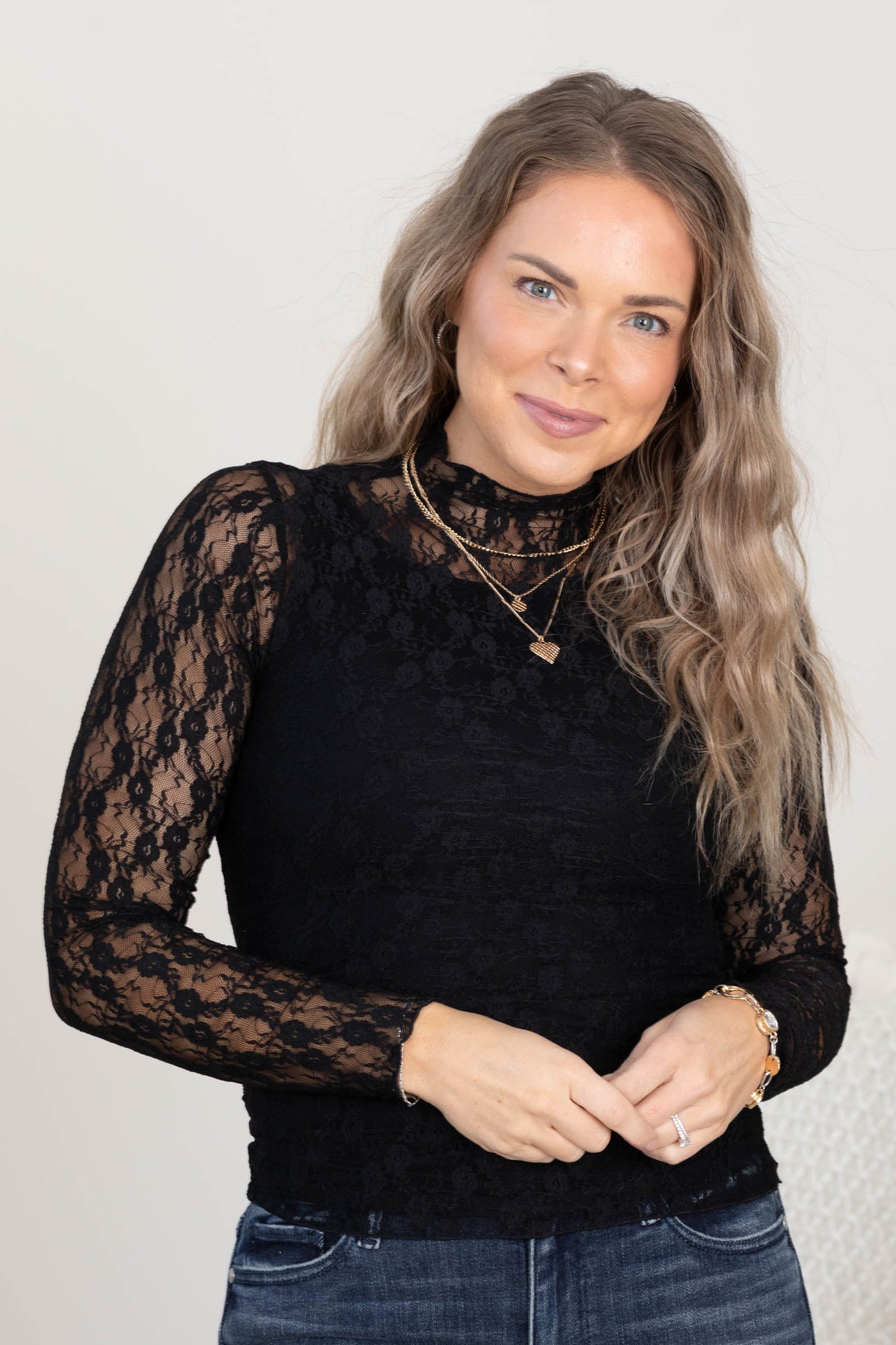 Black Mock Neck Fitted Sheer Mesh Knit Top