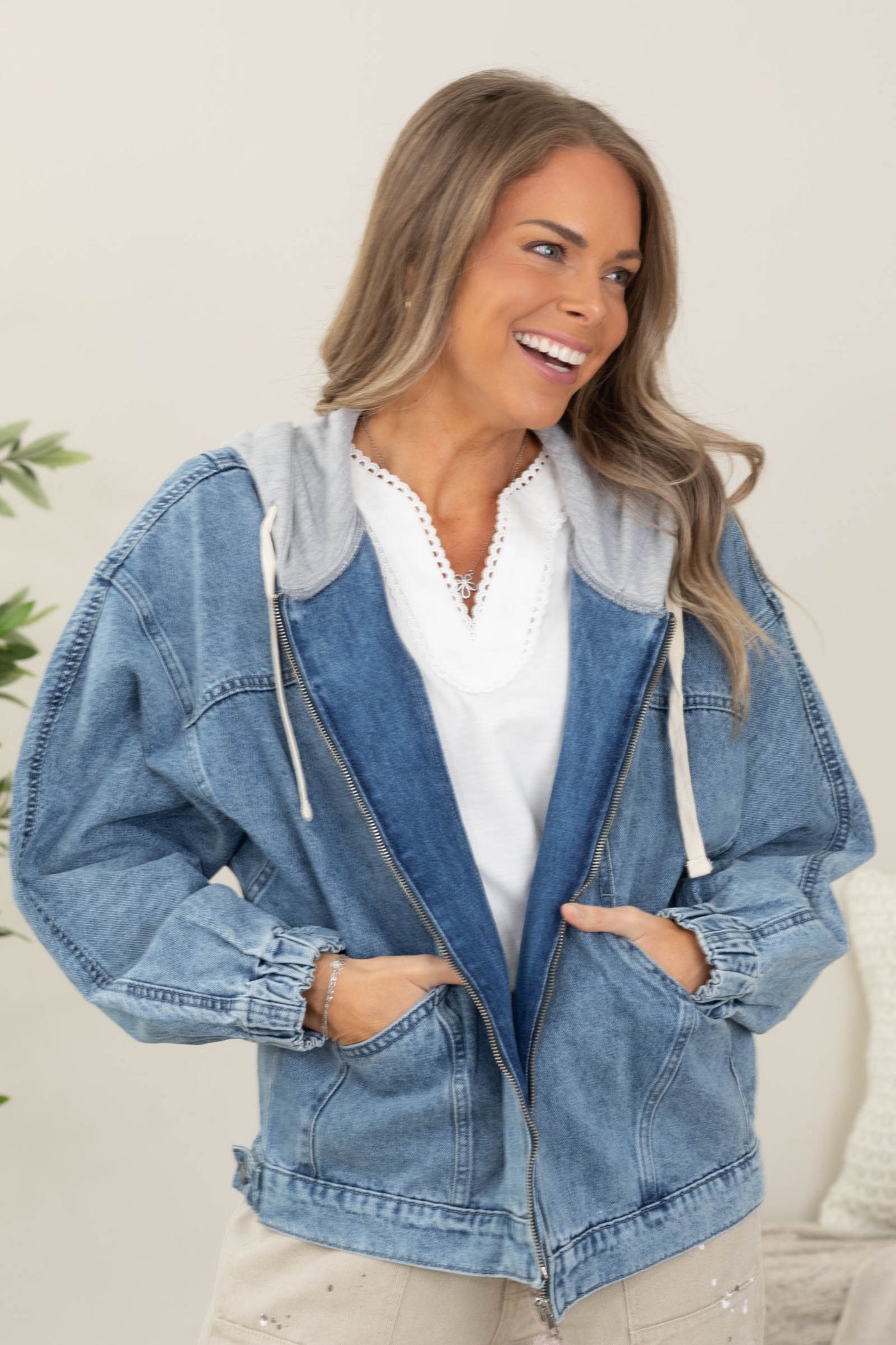 Medium Wash Denim Zip Jacket With Hood