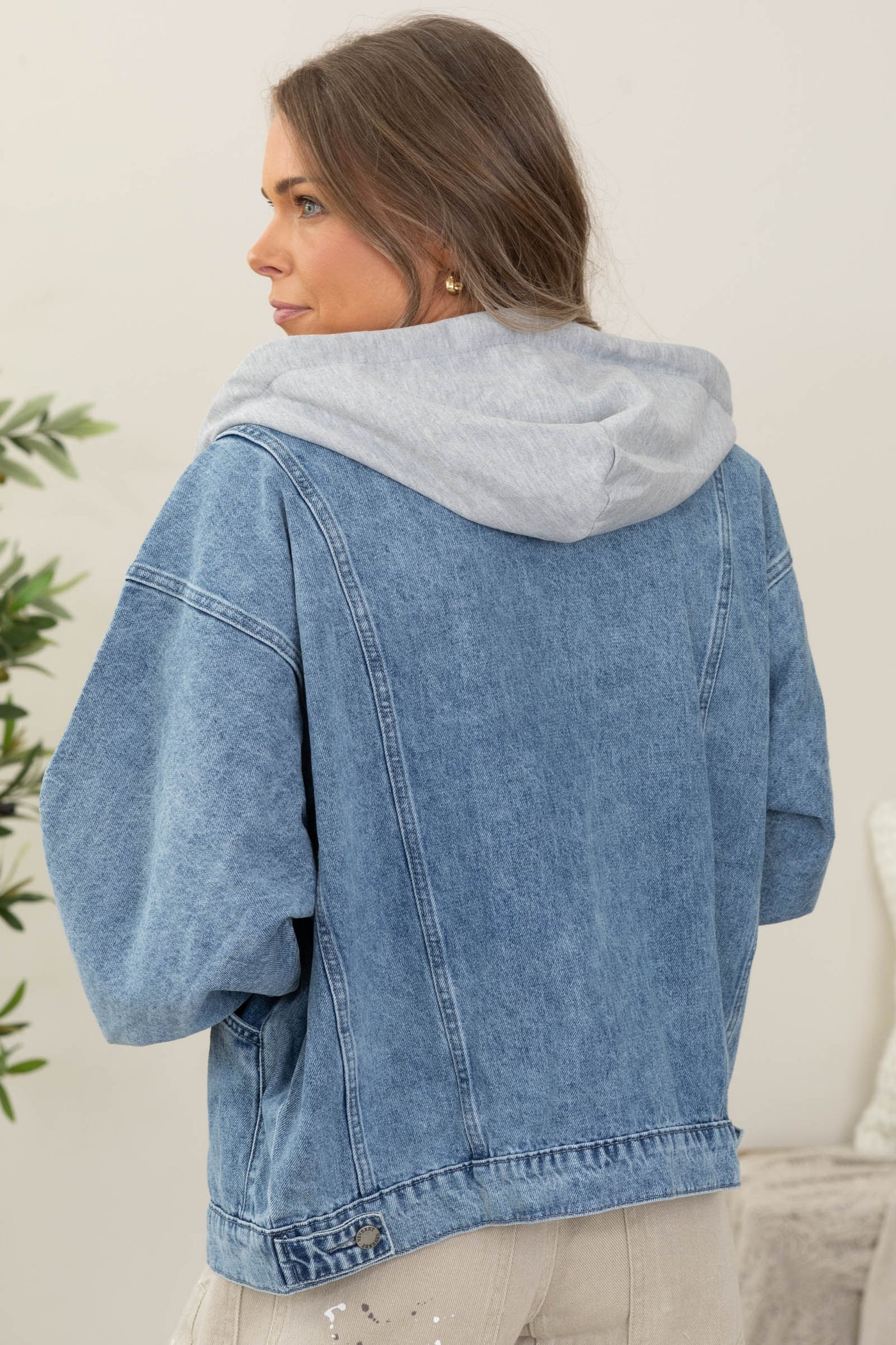 Medium Wash Denim Zip Jacket With Hood