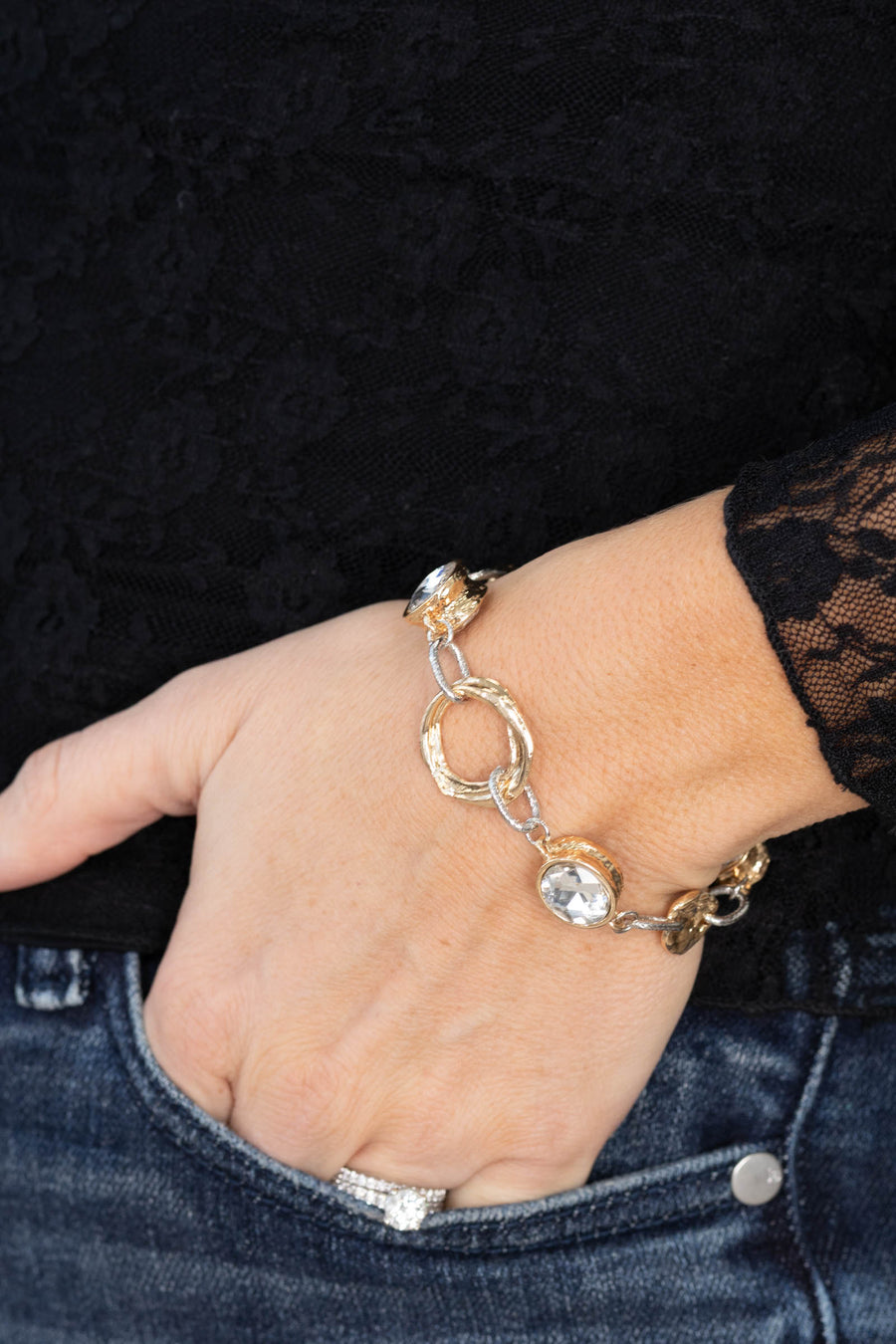 Gold and Silver Textured Open Circles Bracelet