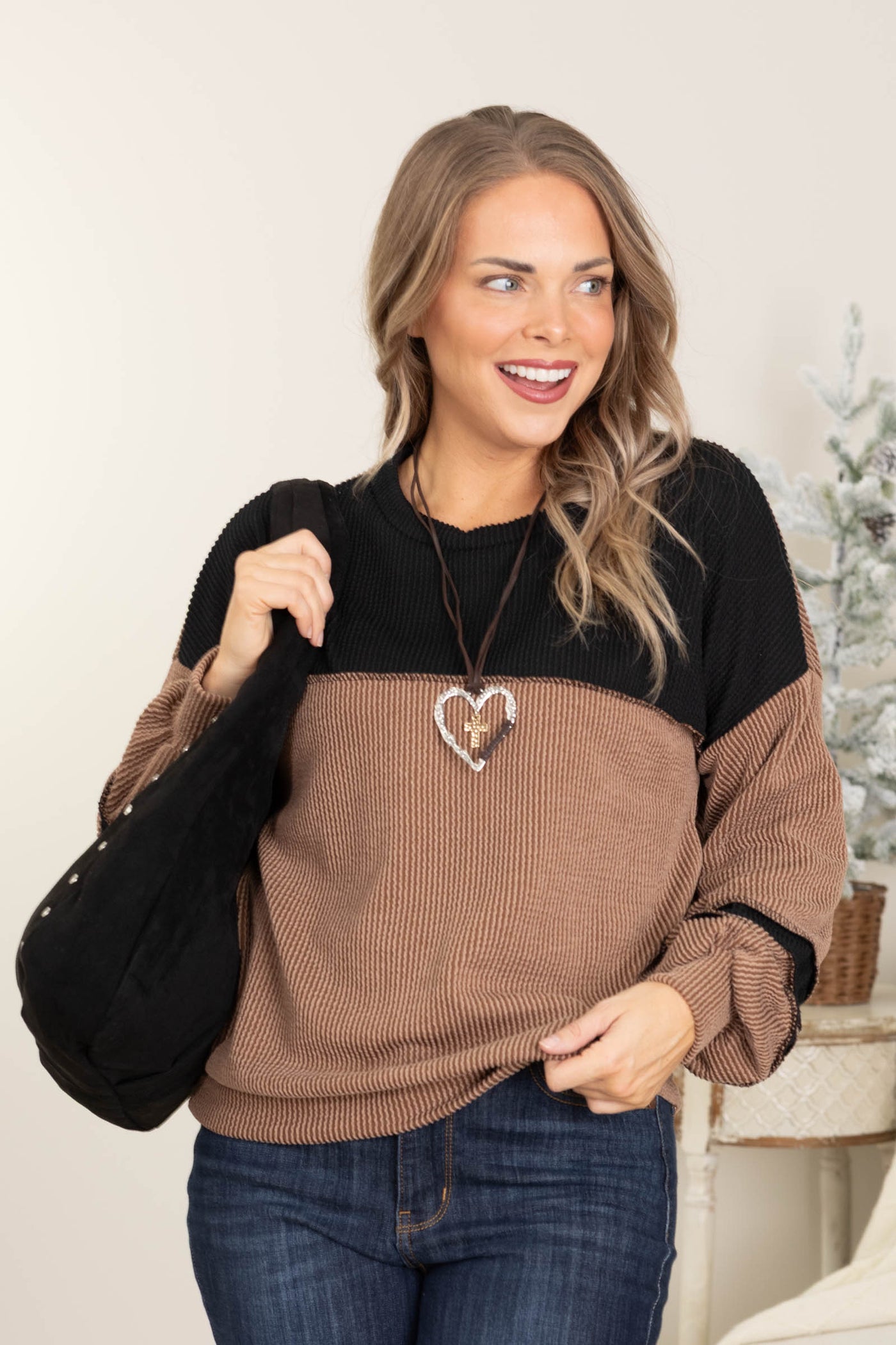 Contrast Ribbed Knit Long Sleeve Tops