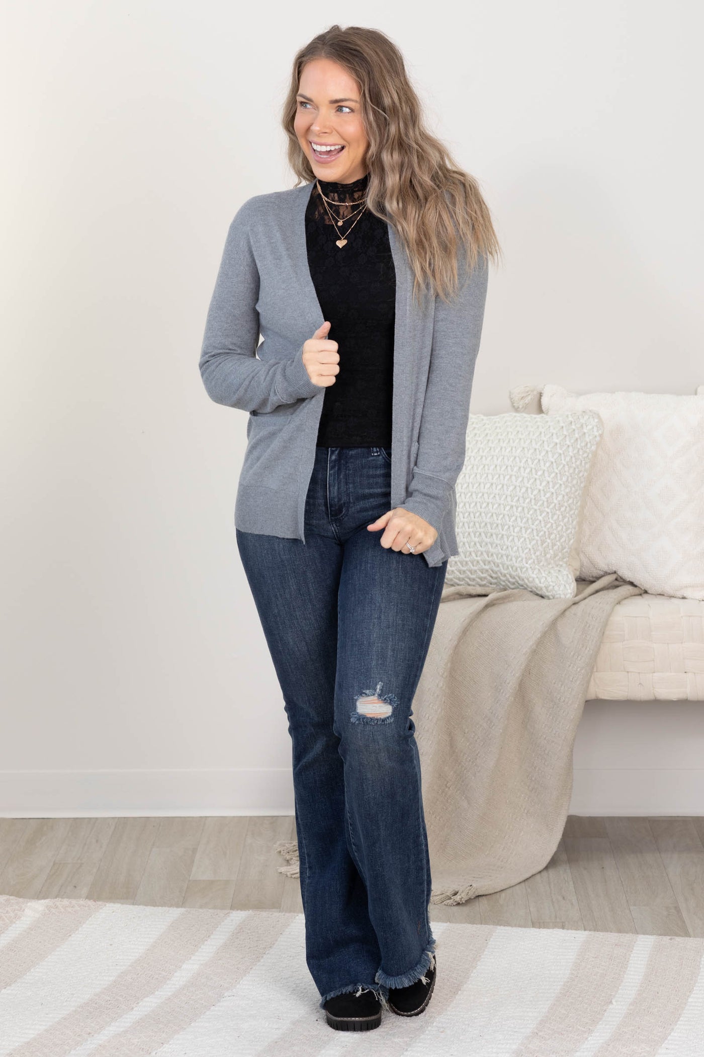Dark Heathered Grey Light Weight Basic Cardigan