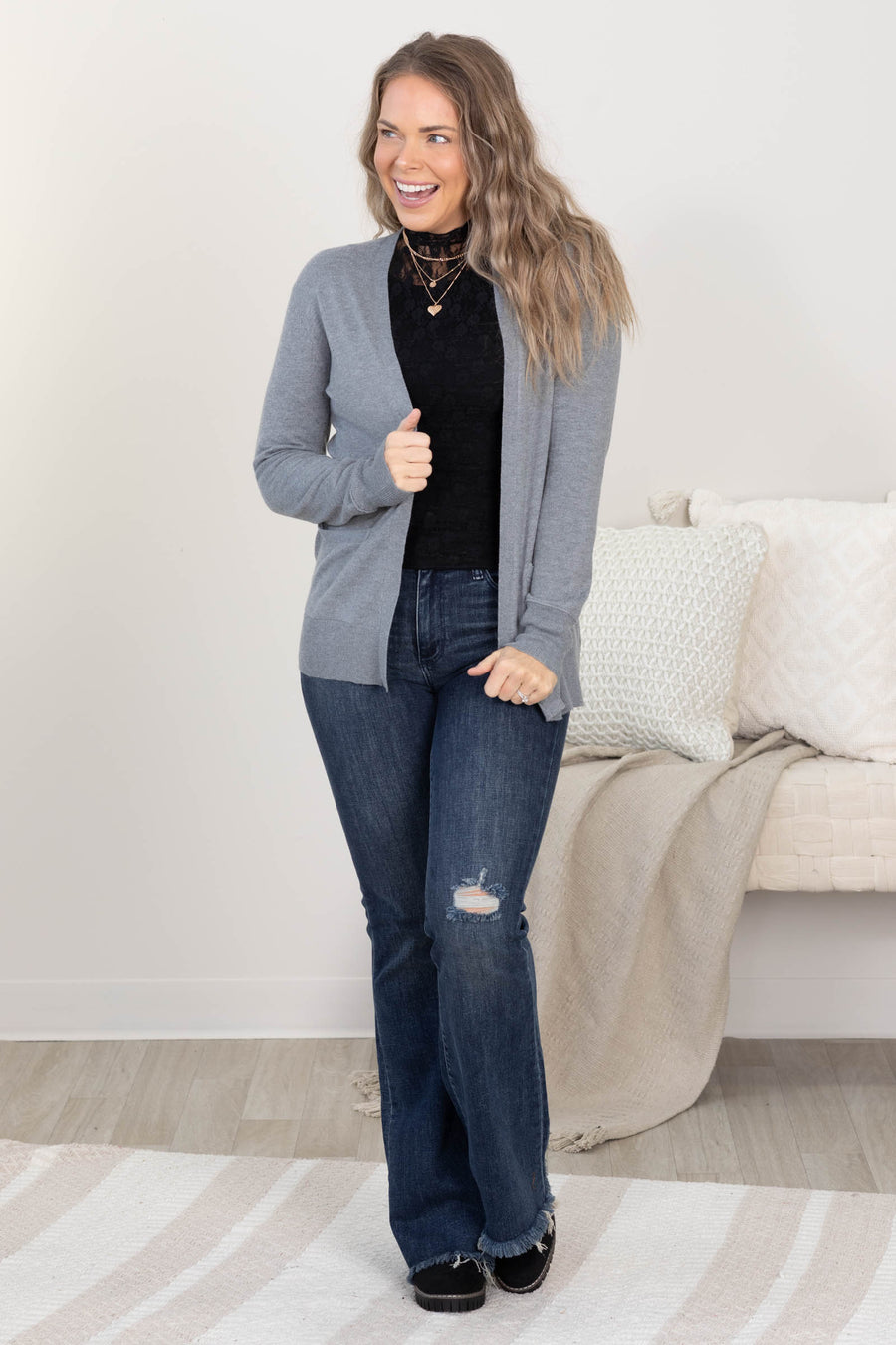 Dark Heathered Grey Light Weight Basic Cardigan