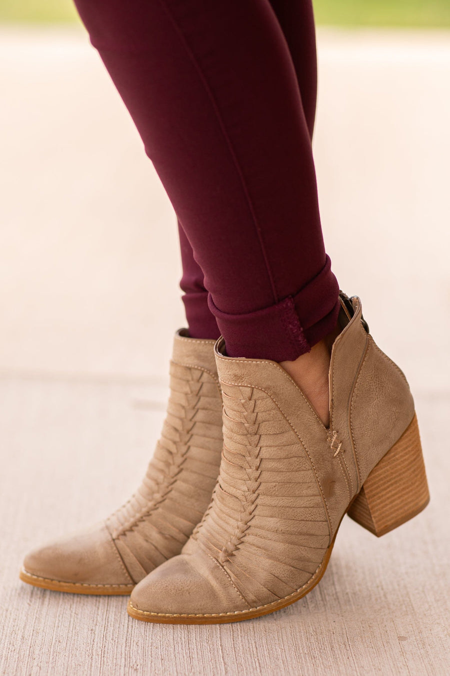 Taupe Woven Detail Back Zip Bootie - Filly Flair