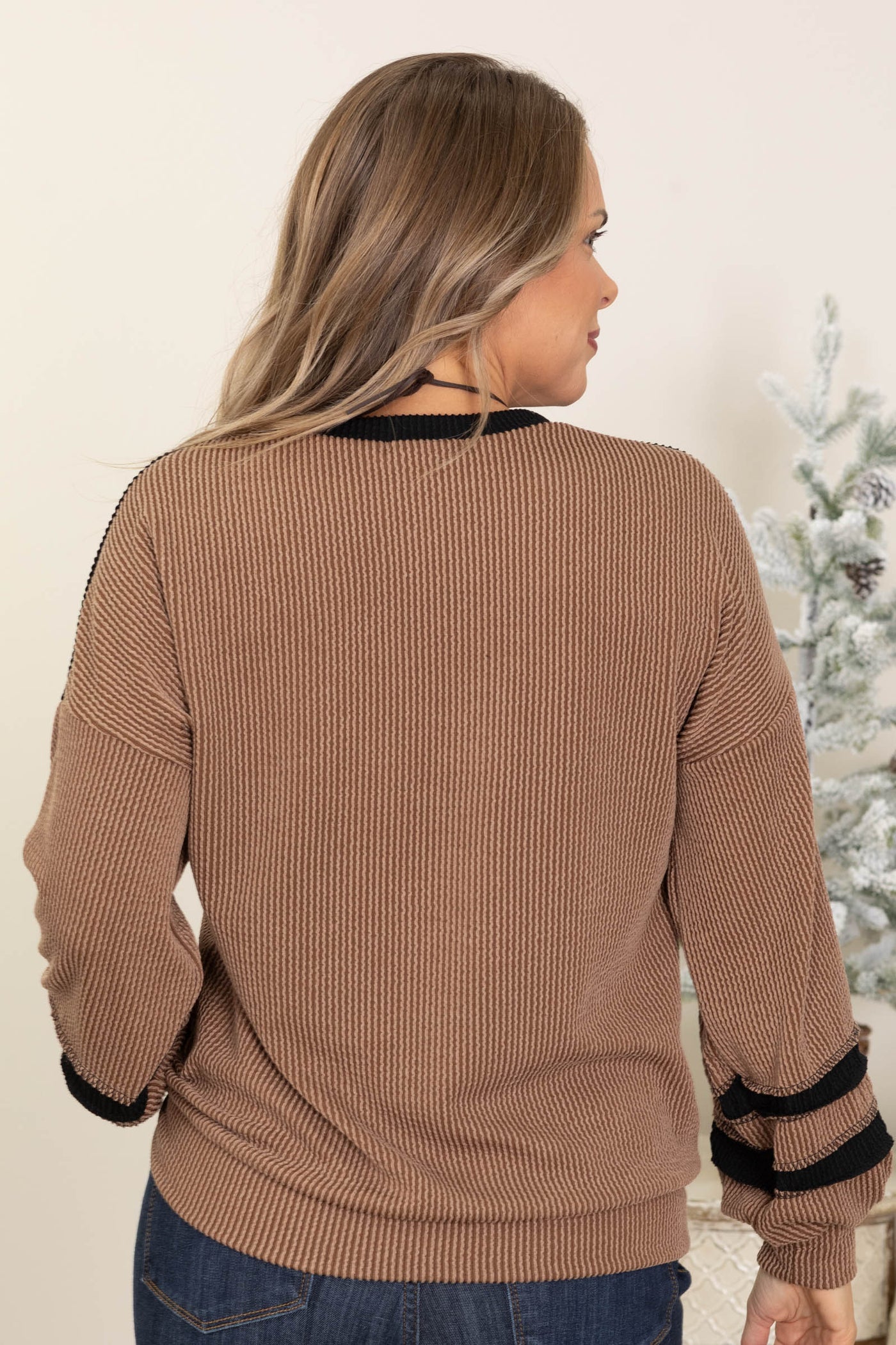 Contrast Ribbed Knit Long Sleeve Tops