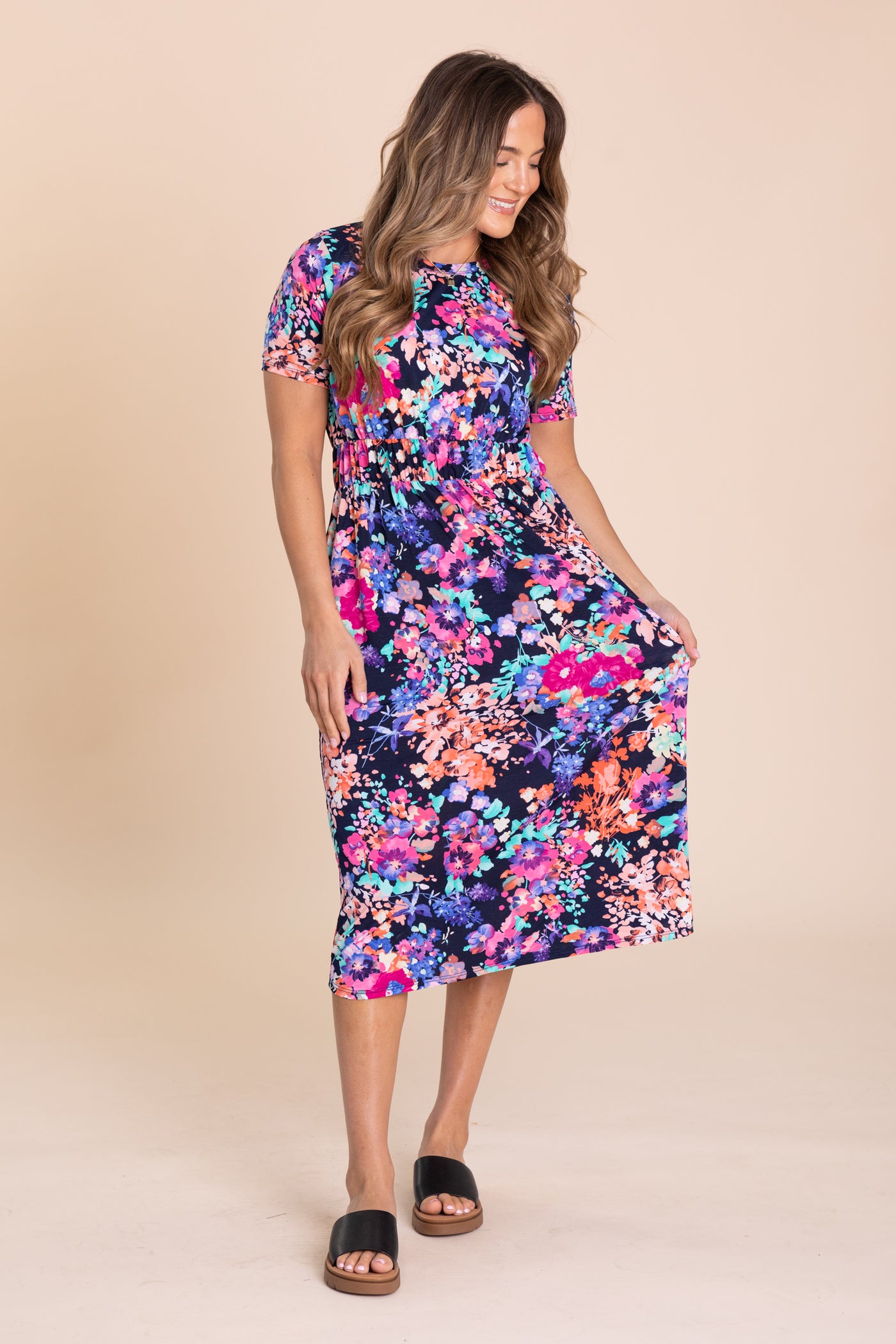 Navy Multicolor Floral Midi Knit Dress - S Navy Multicolor Floral Midi Knit Dress - S
