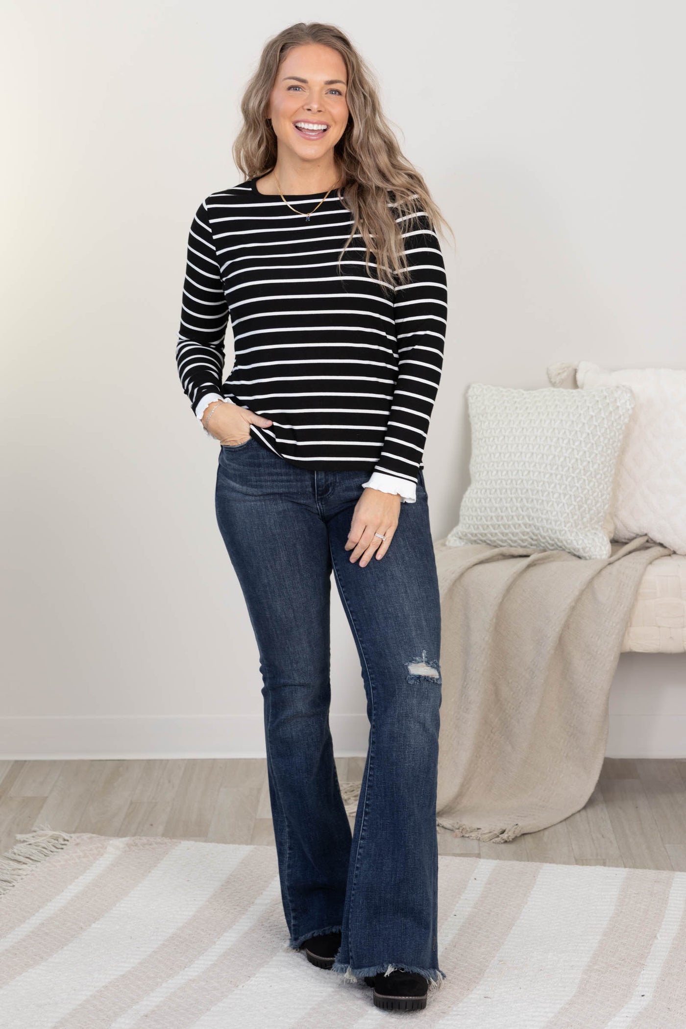 Black And White Striped Ruffle Hem Knit Top