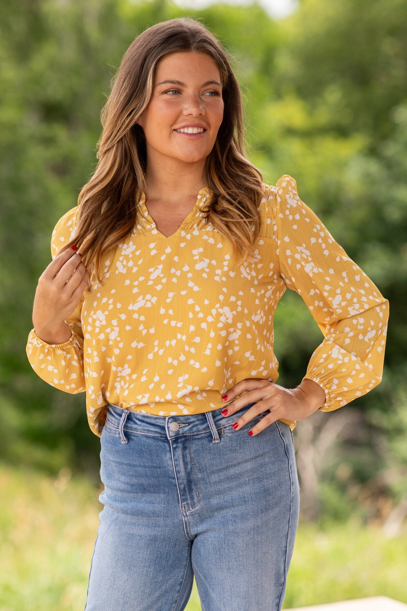 Mustard and White Ditsy Floral Print Top - Filly Flair