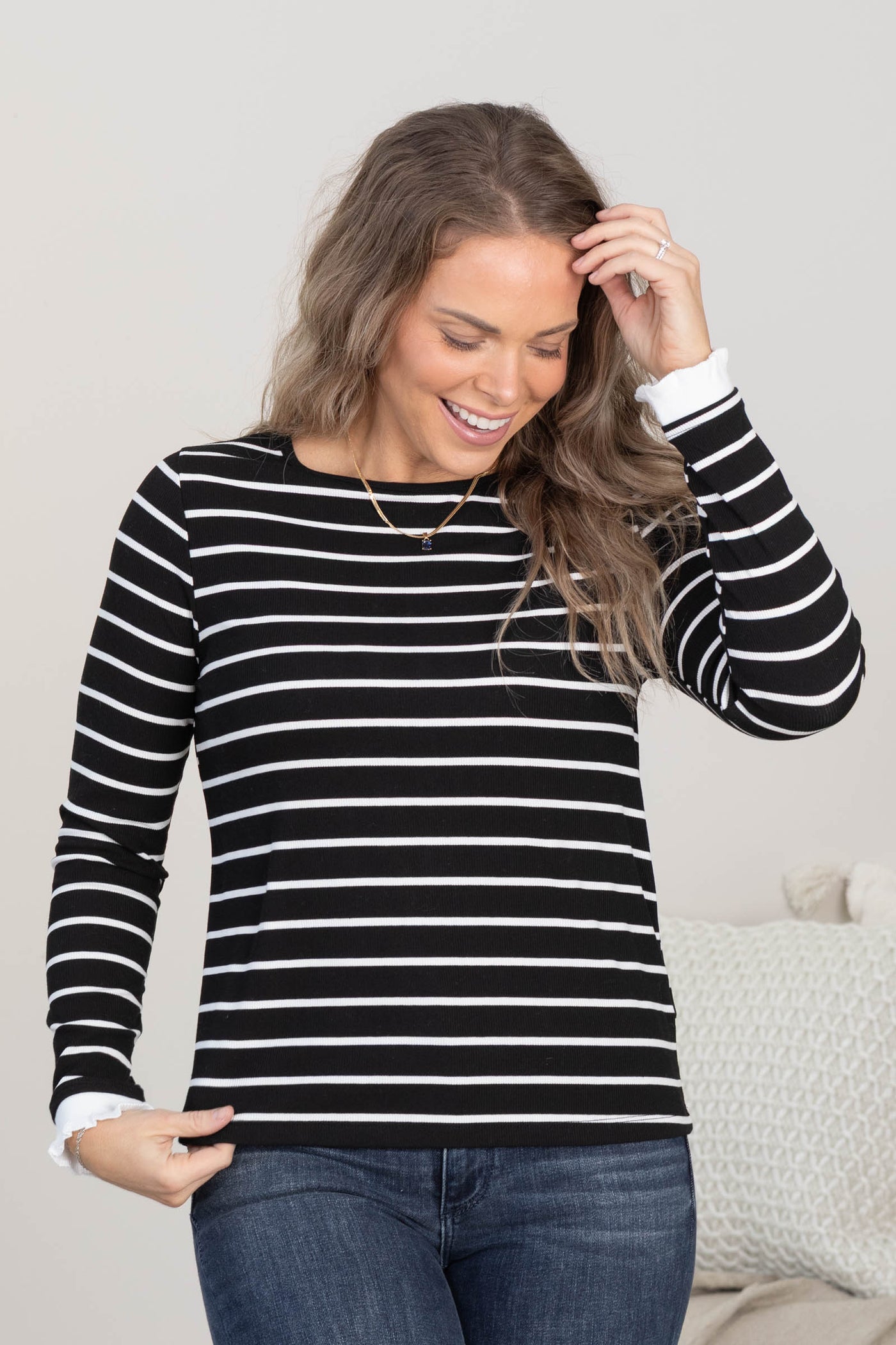 Black And White Striped Ruffle Hem Knit Top