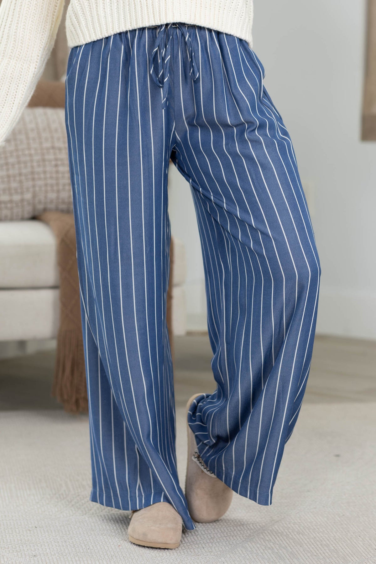 Blue High Waist Stripe Wide Leg Pants