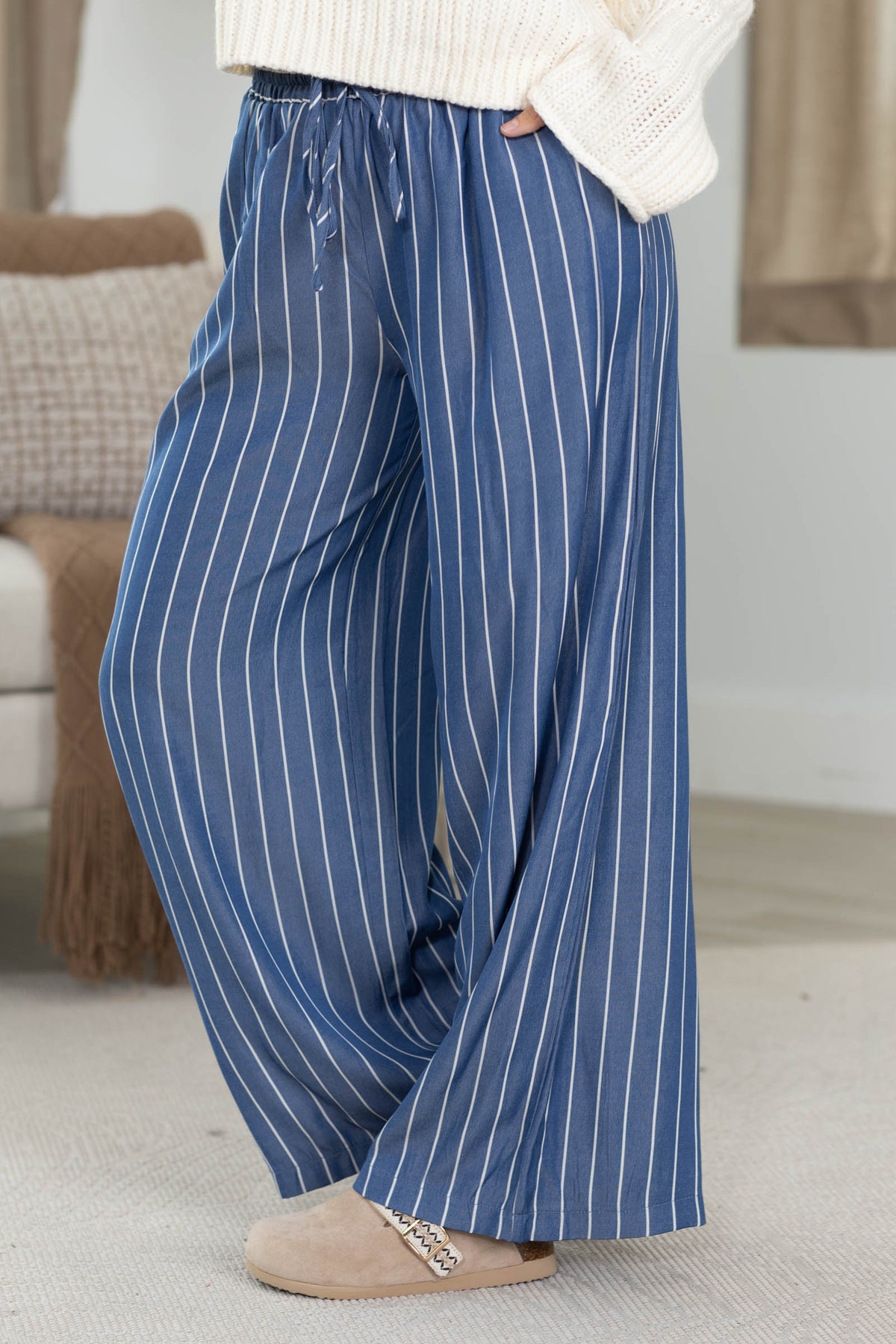 Blue High Waist Stripe Wide Leg Pants