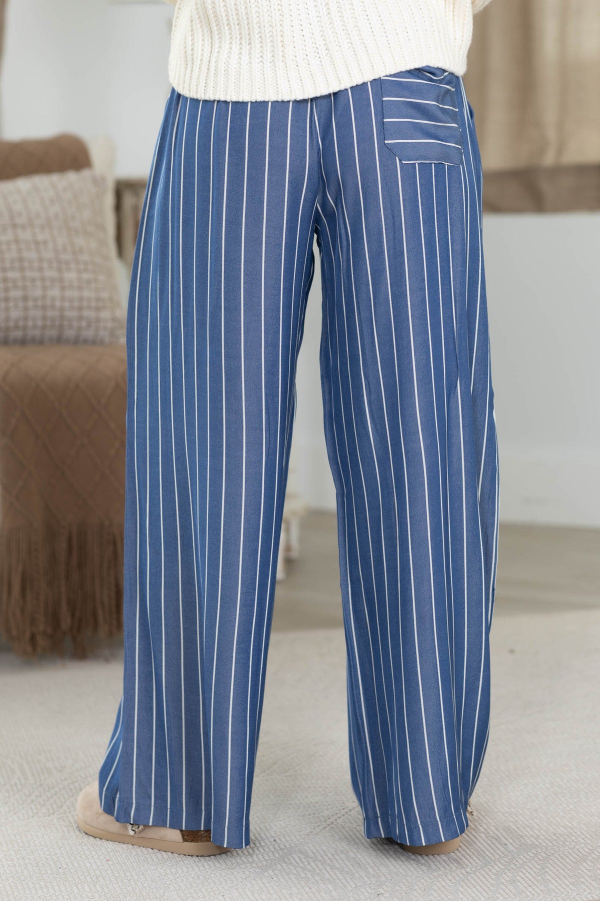 Blue High Waist Stripe Wide Leg Pants