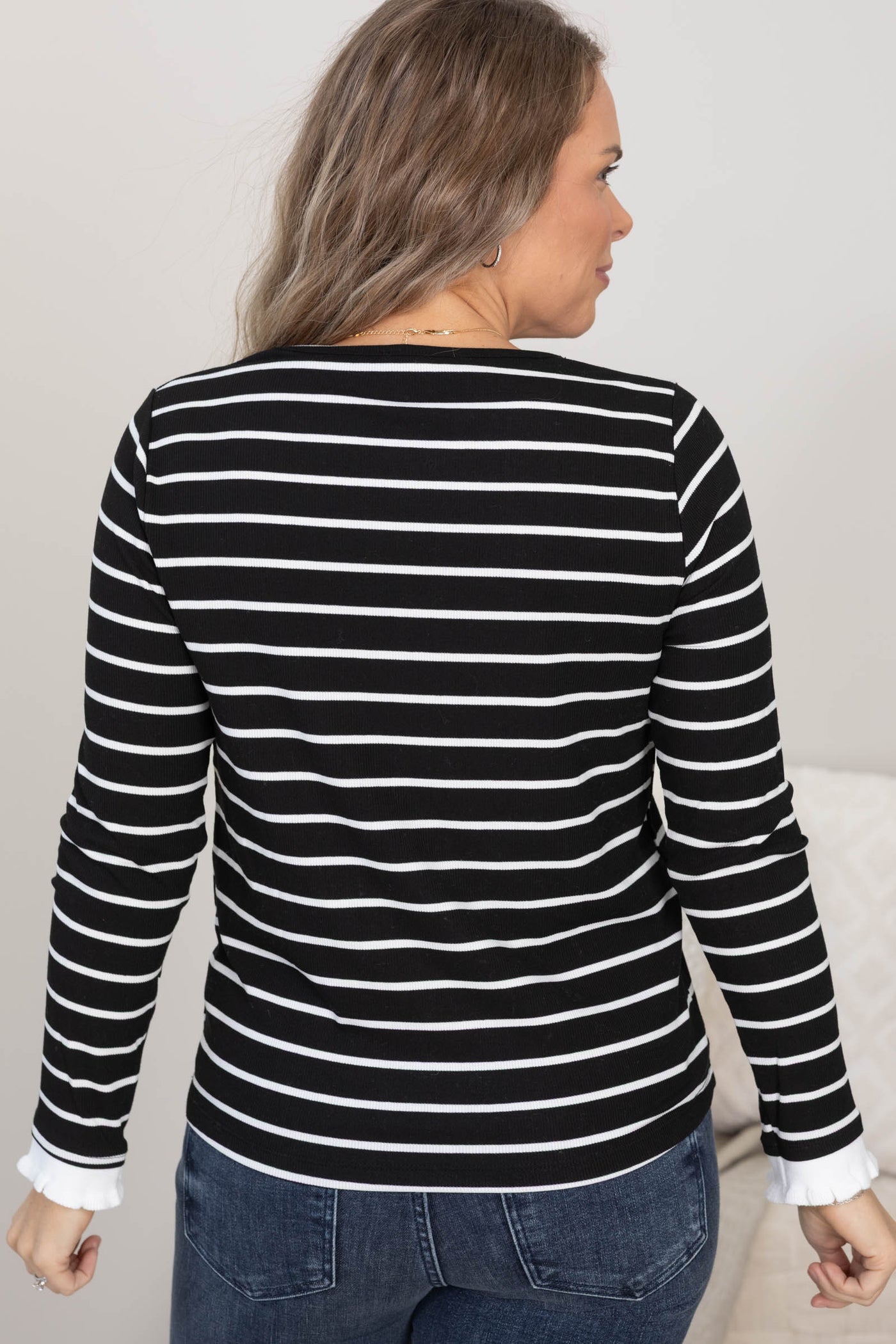 Black And White Striped Ruffle Hem Knit Top