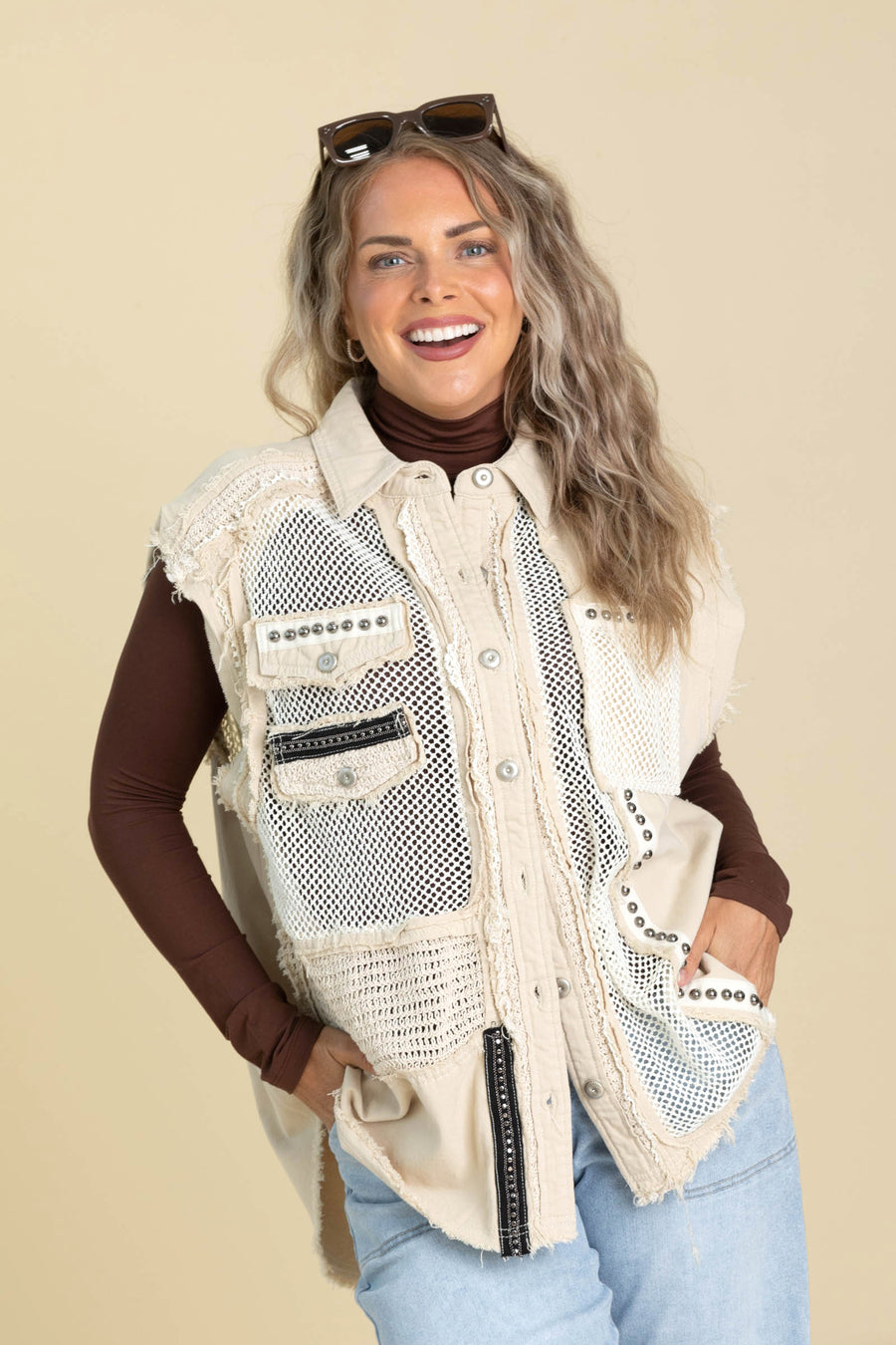 Oatmeal Oversized Crochet Button Up Vest