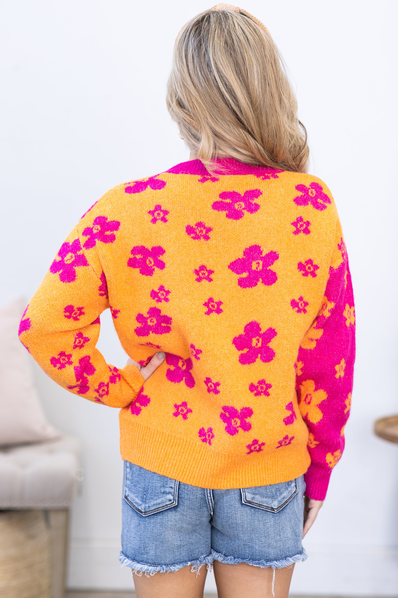 Orange and Fuchsia Floral Pattern Sweater