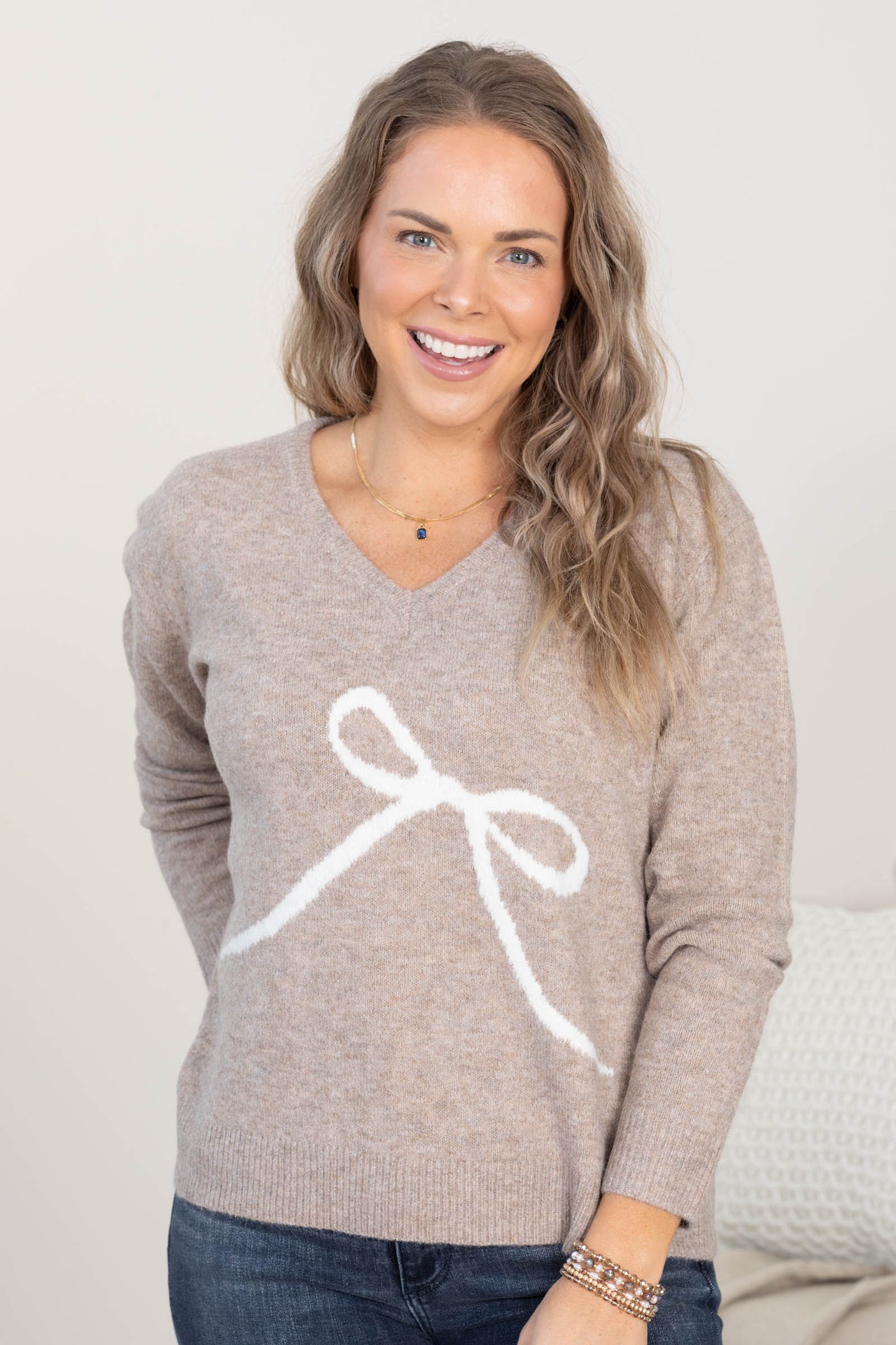 Mocha V-Neck Bow Print Soft Sweater
