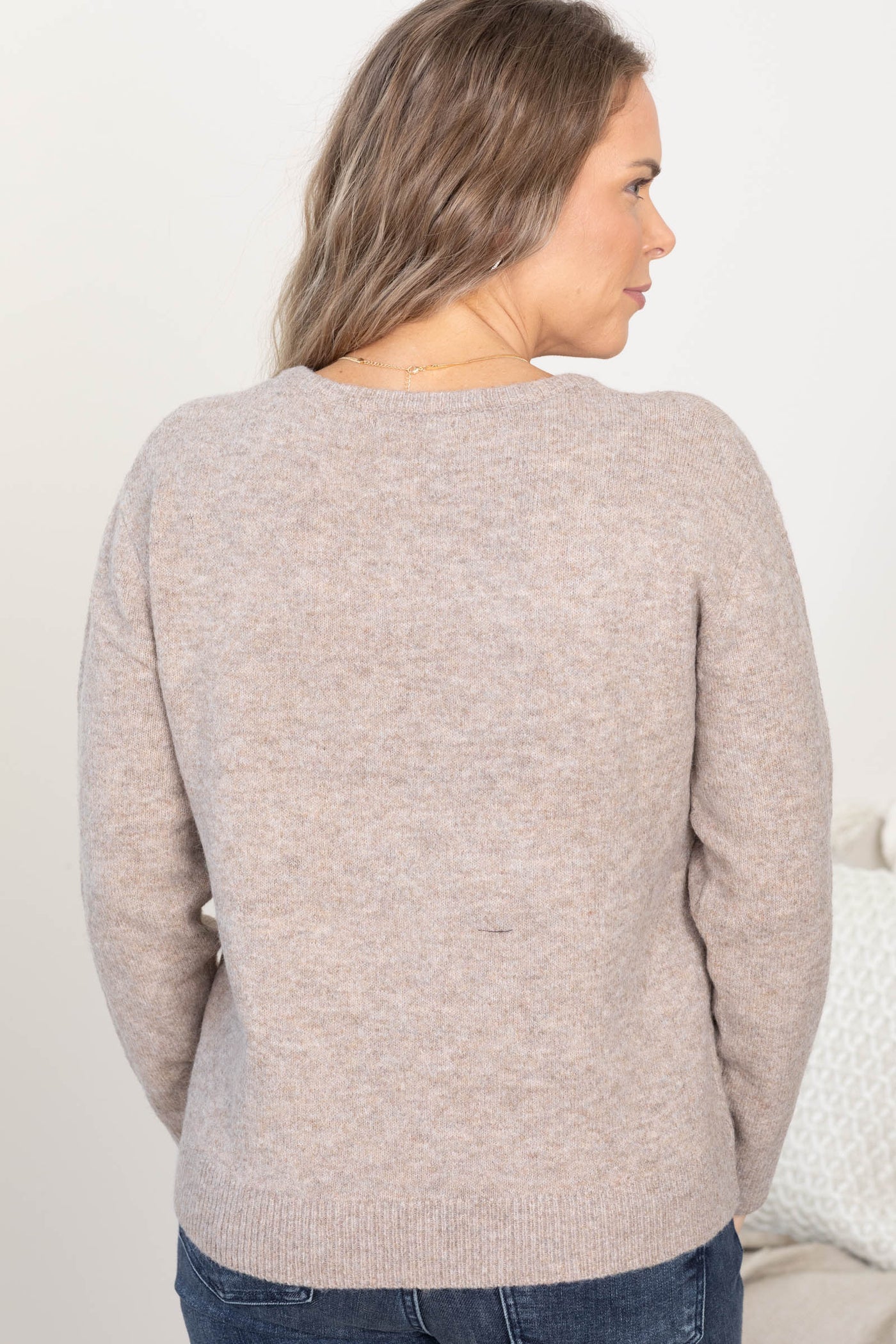 Mocha V-Neck Bow Print Soft Sweater