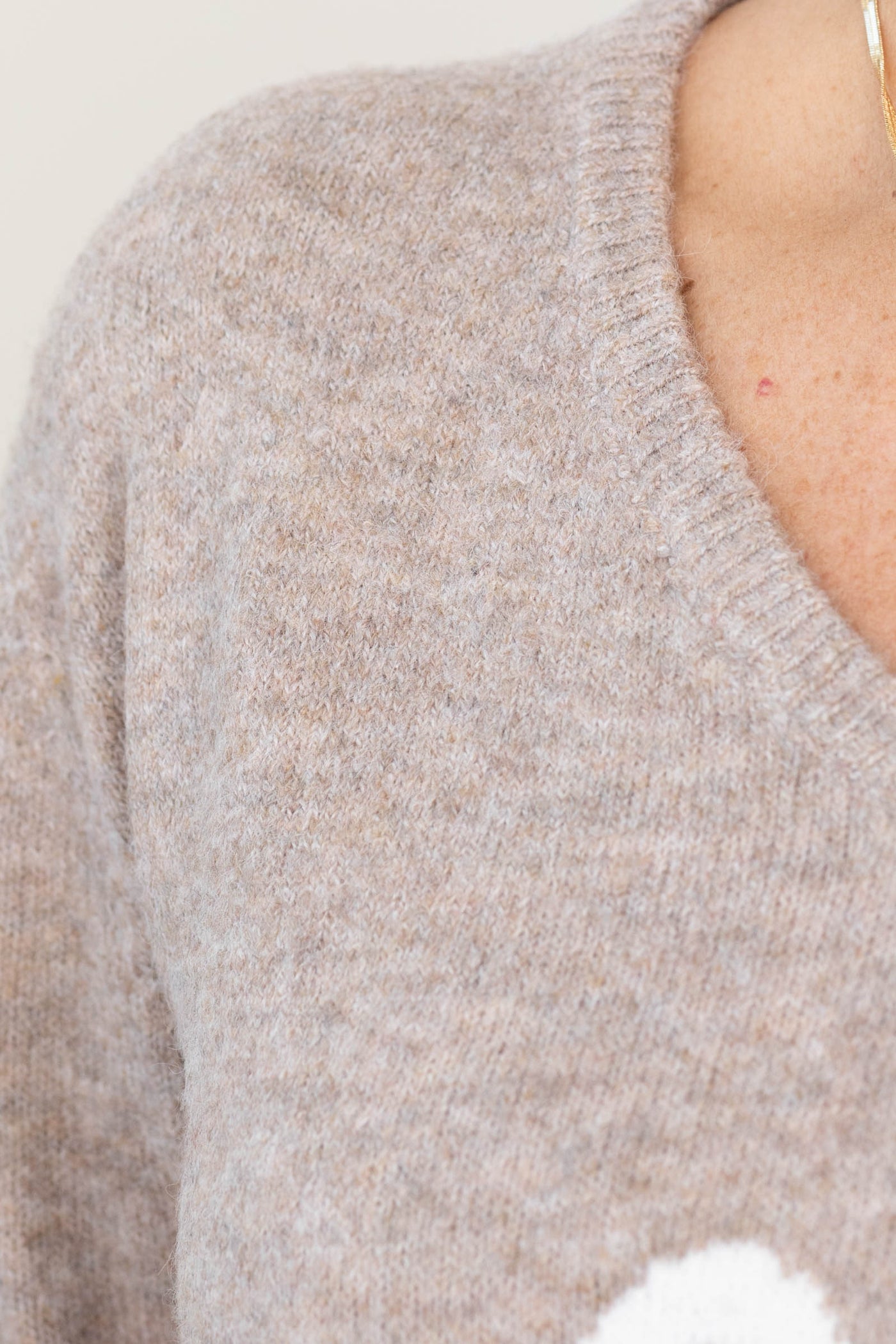 Mocha V-Neck Bow Print Soft Sweater