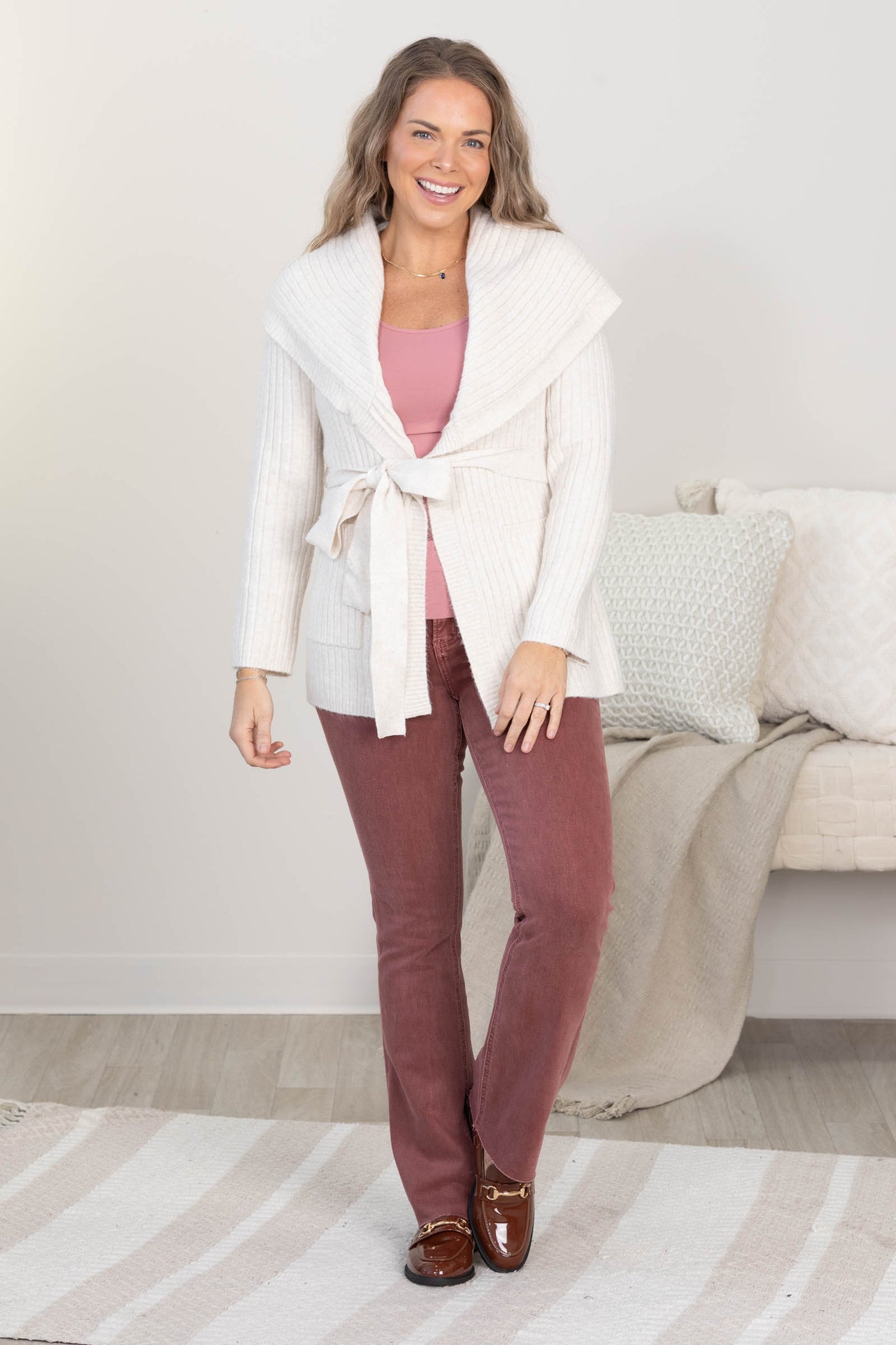 Beige Long Sleeve Wrap Sweater Cardigan