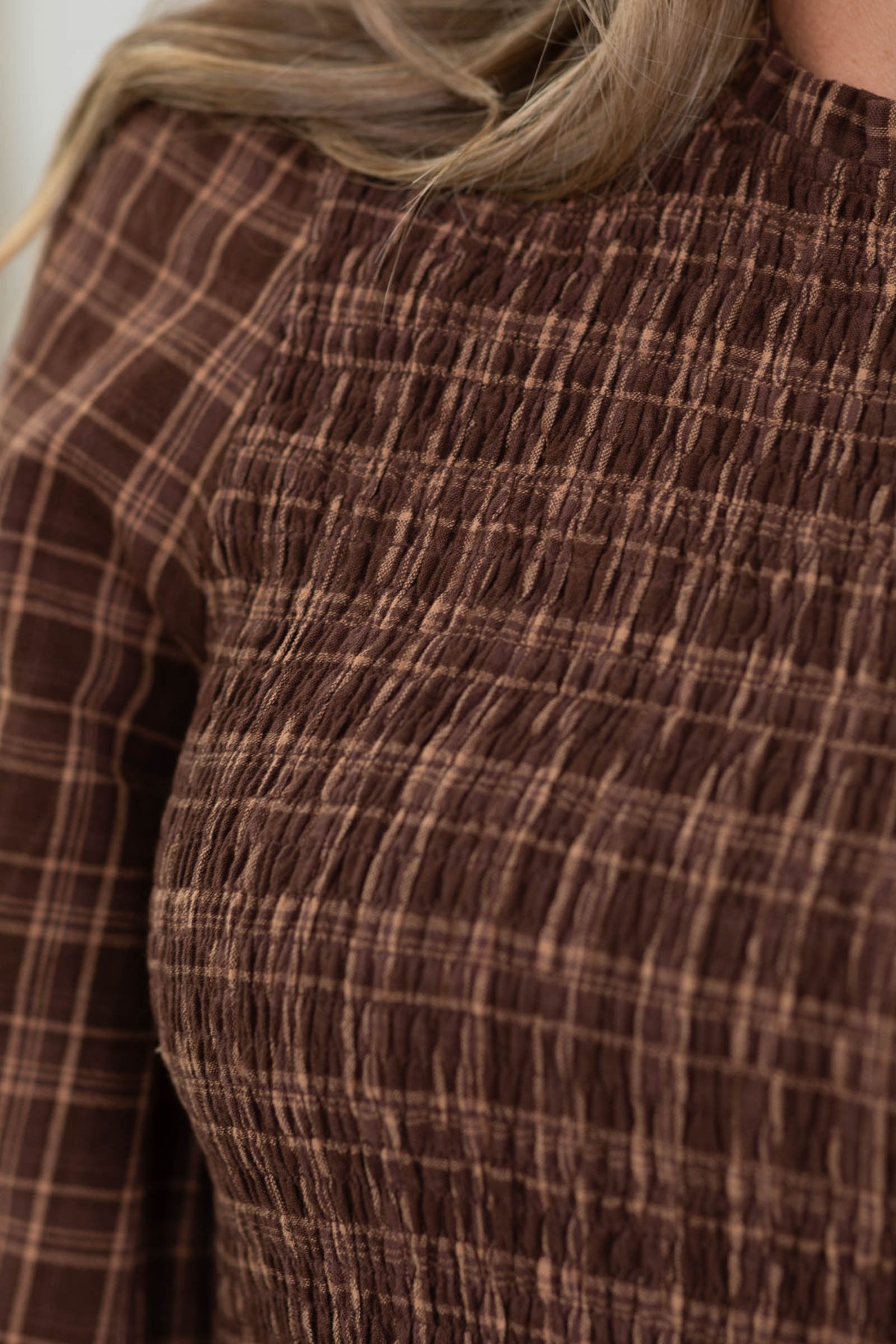 Staccato Brown Plaid Smocked Bodice Ruffle Detail Dress