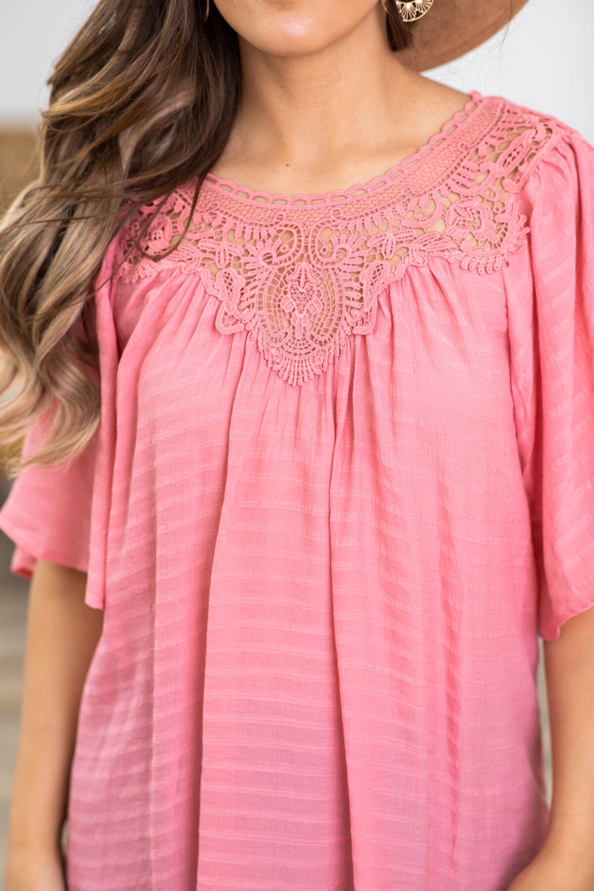 Coral Bell Sleeve Top With Crochet Detail - Filly Flair