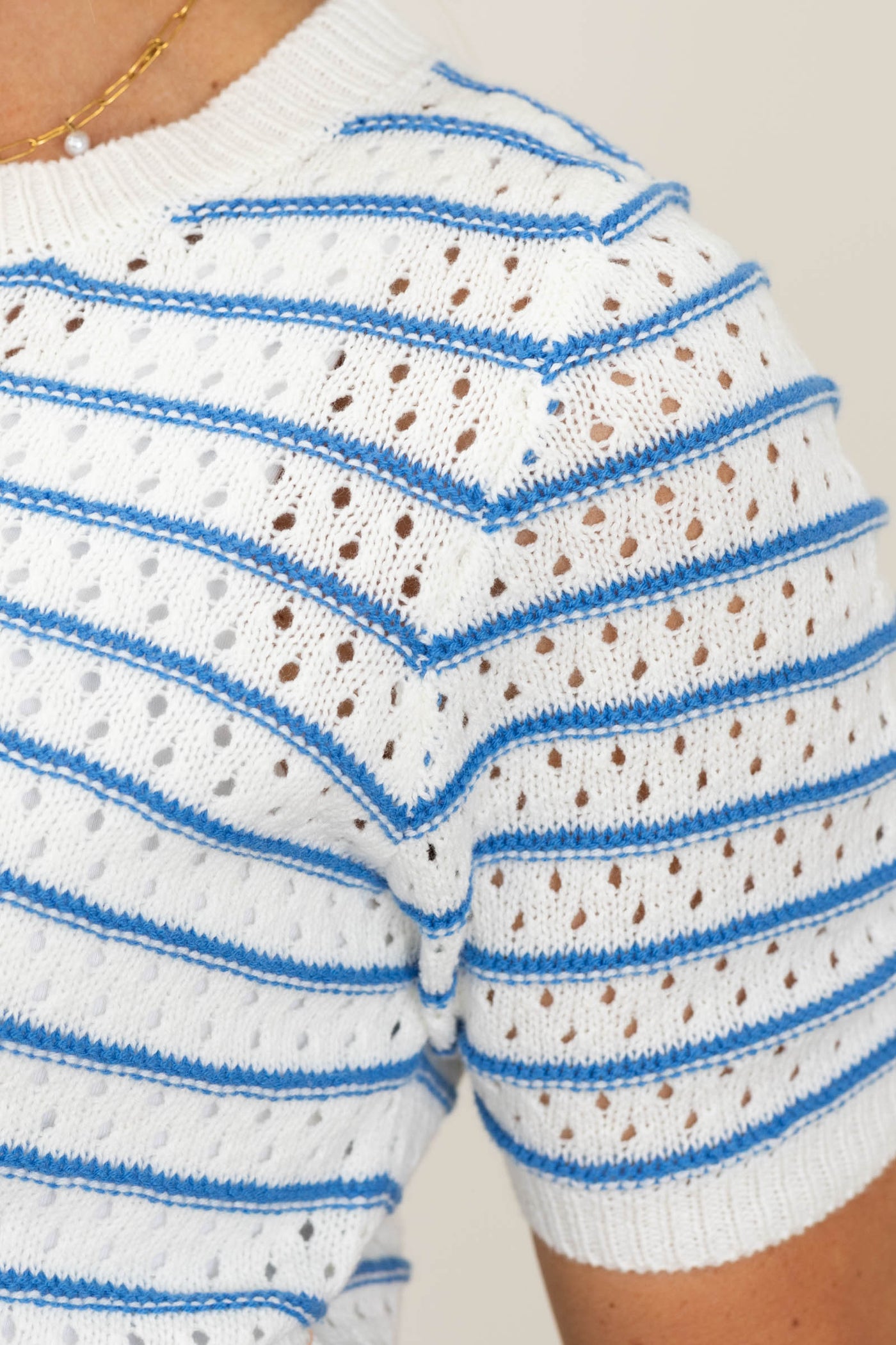 Staccato Ivory And Blue Crochet Stripe Top