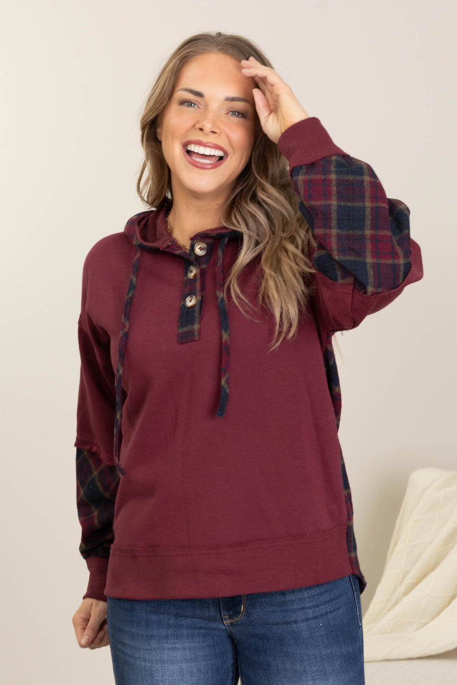 Burgundy Knit Hoodie With Plaid Contrast Top