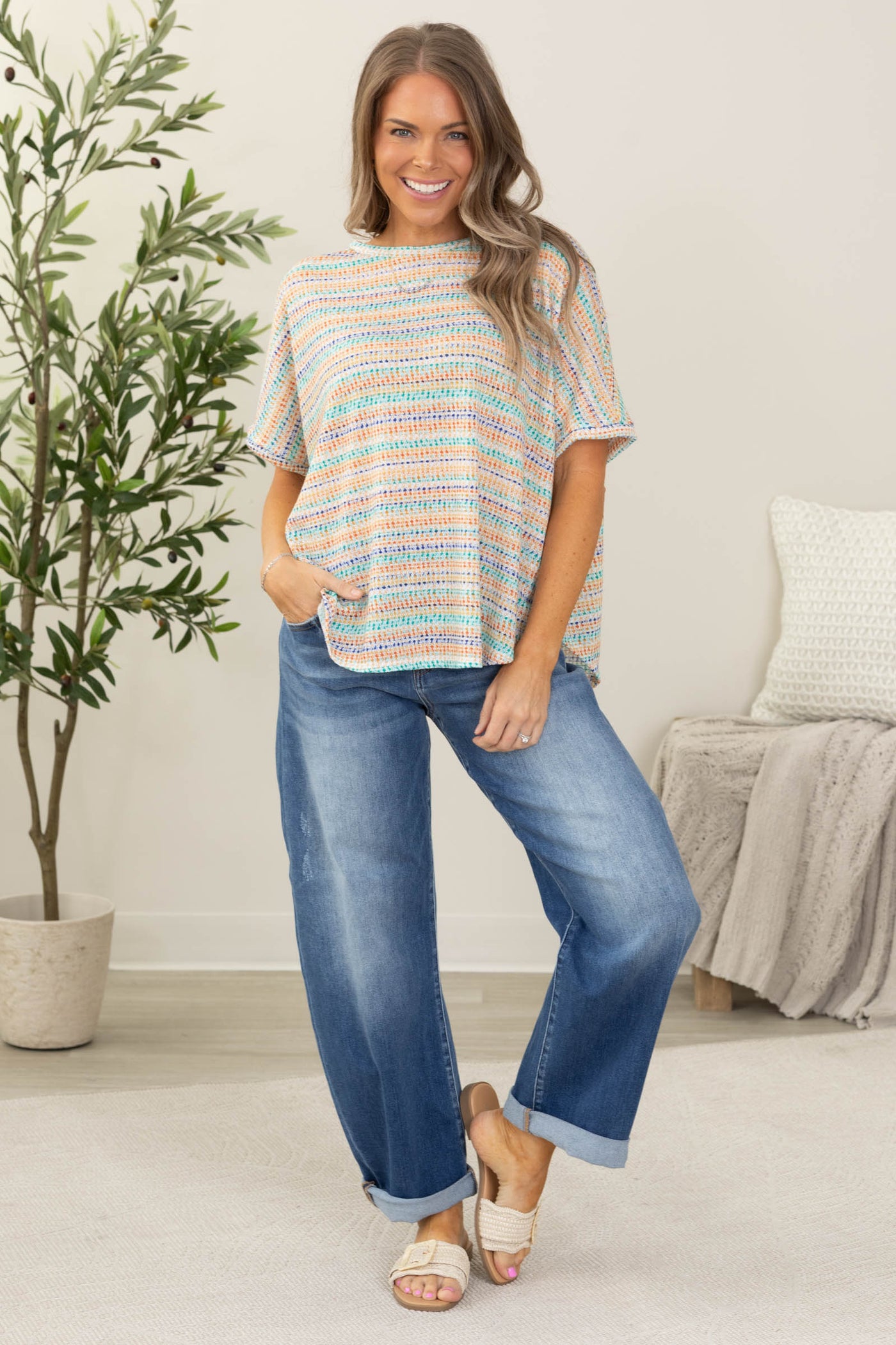 Orange And Mint Stripe Texture Dolman Knit Top