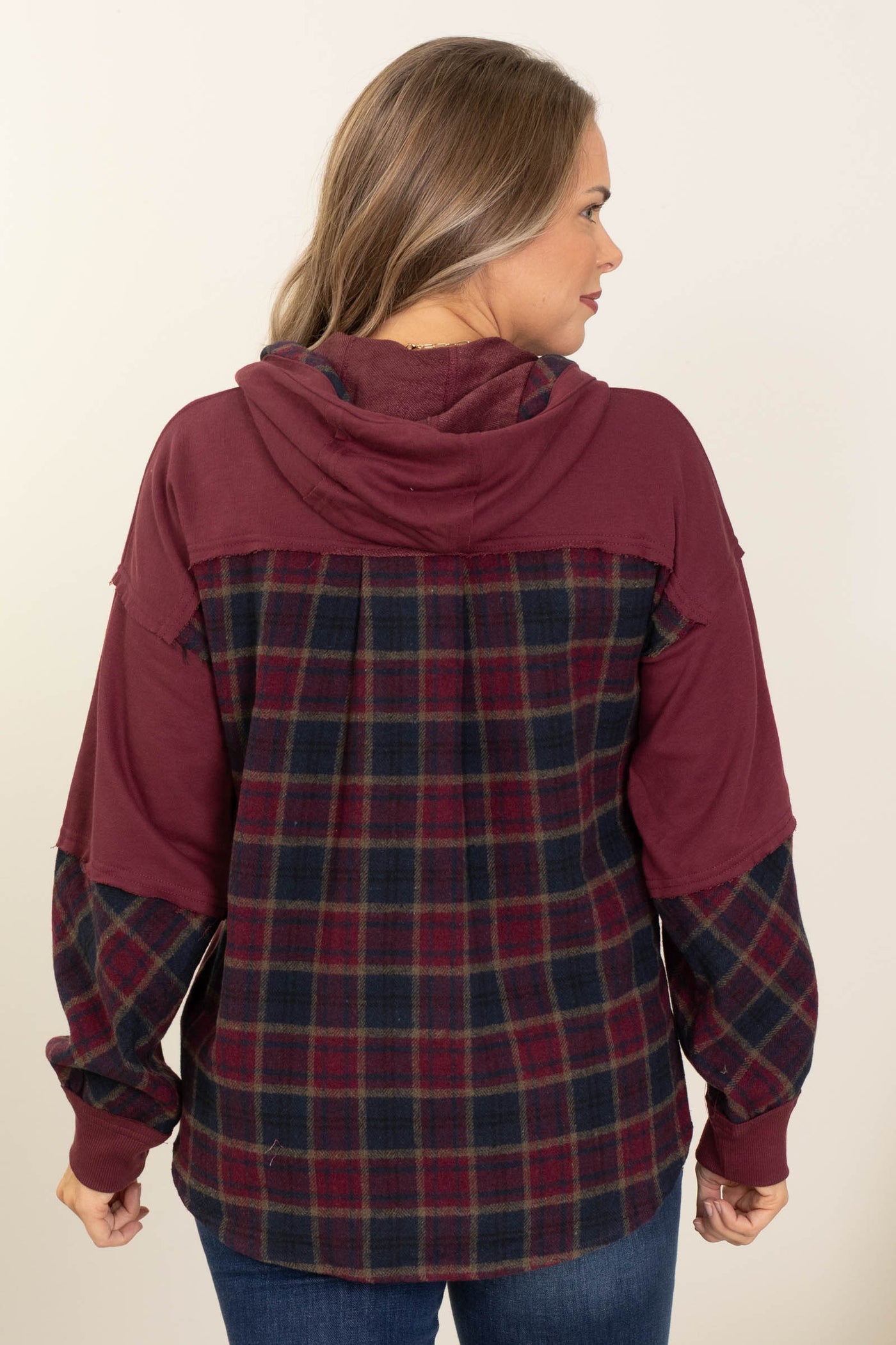 Burgundy Knit Hoodie With Plaid Contrast Top
