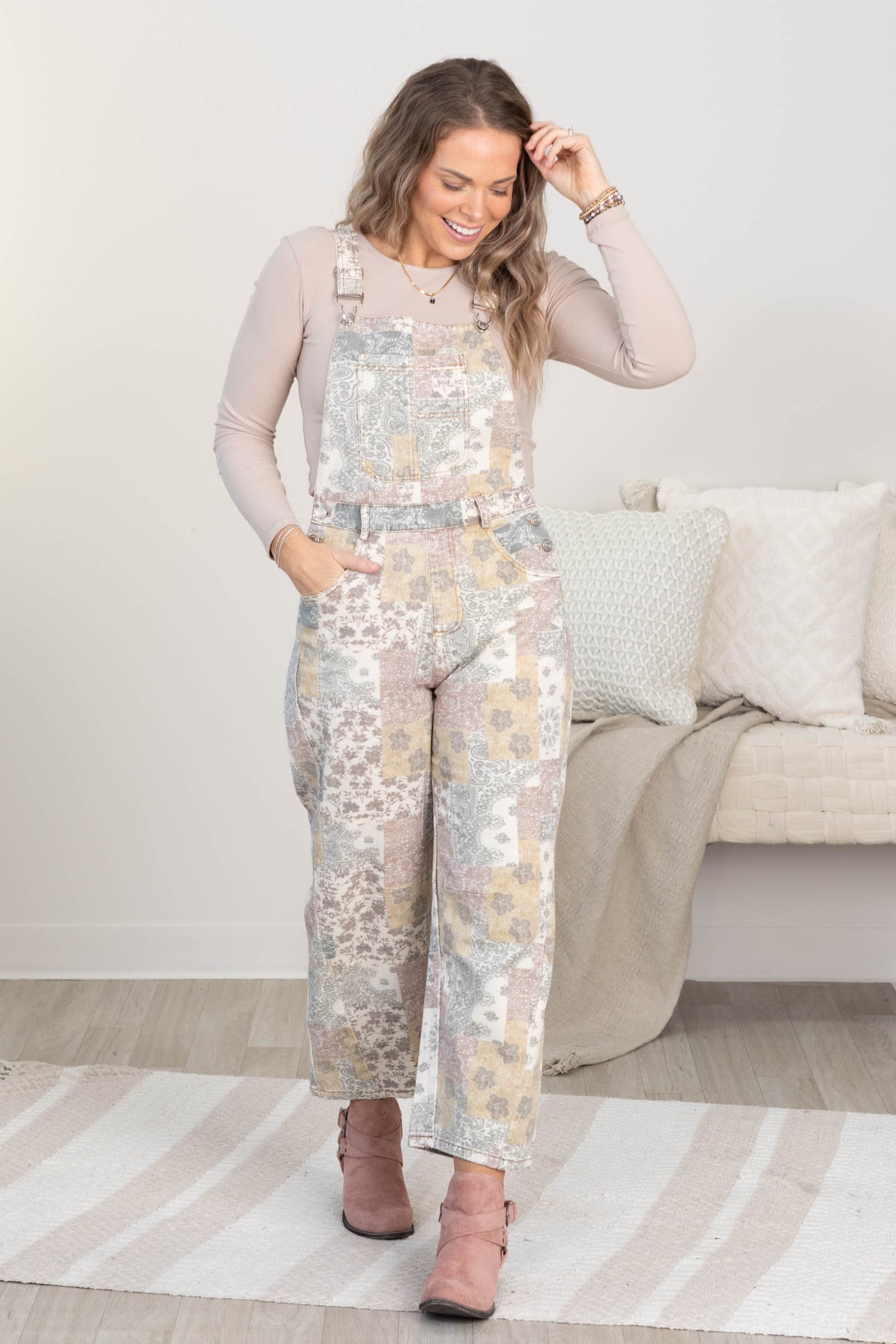 Beige Vintage Boho Print Denim Overall Jumpsuit