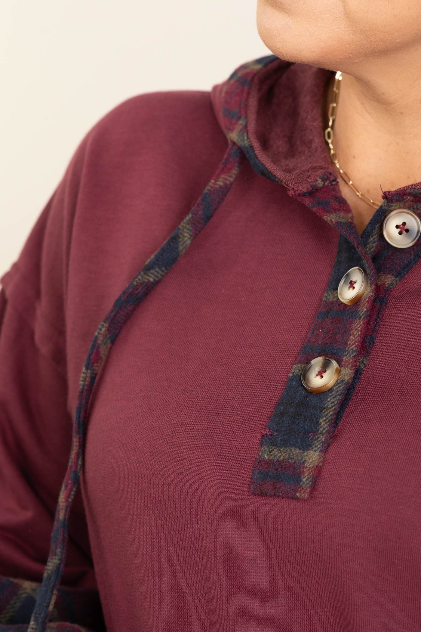Burgundy Knit Hoodie With Plaid Contrast Top