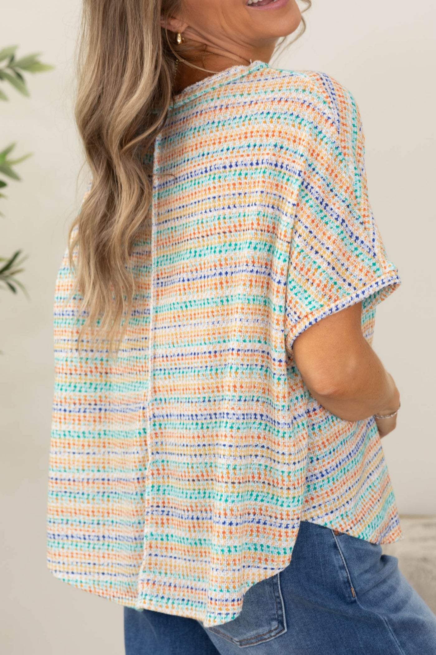 Orange And Mint Stripe Texture Dolman Knit Top