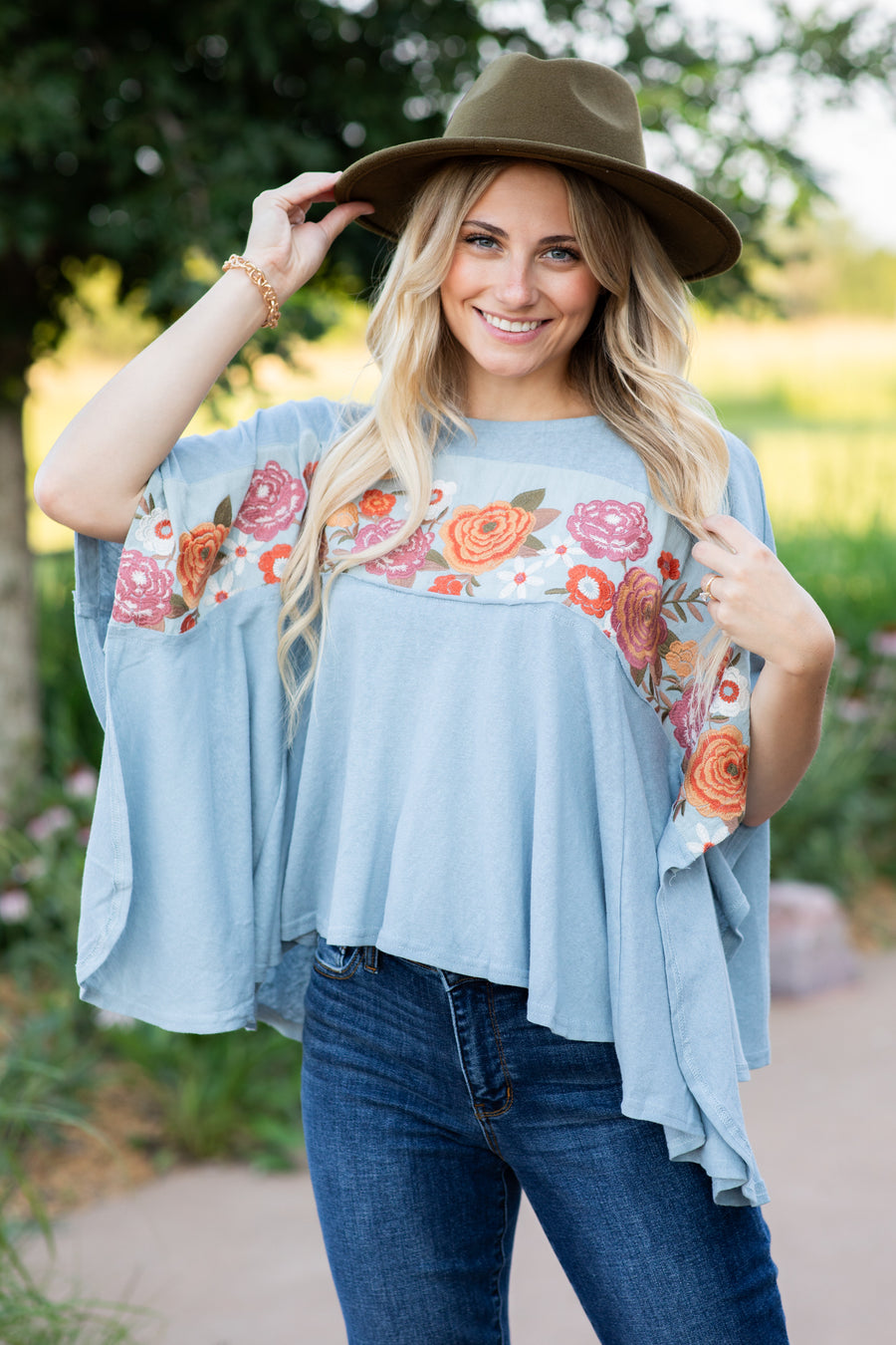 Dusty Blue Floral Embroidery Detail Knit Top