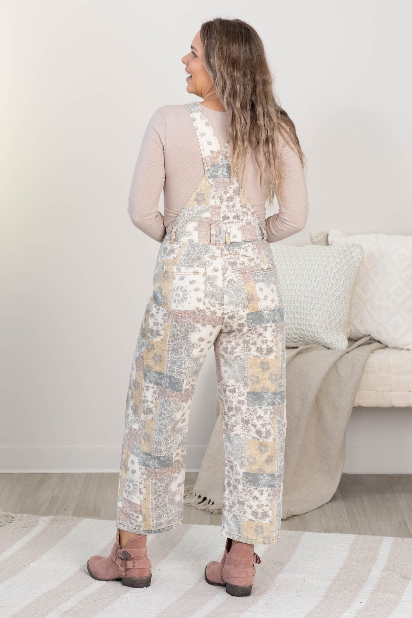 Beige Vintage Boho Print Denim Overall Jumpsuit