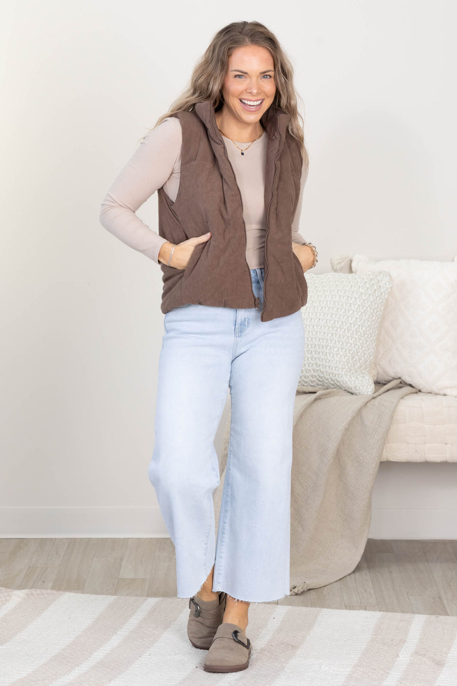 Brown Zip Up Corduroy Reversible Vest