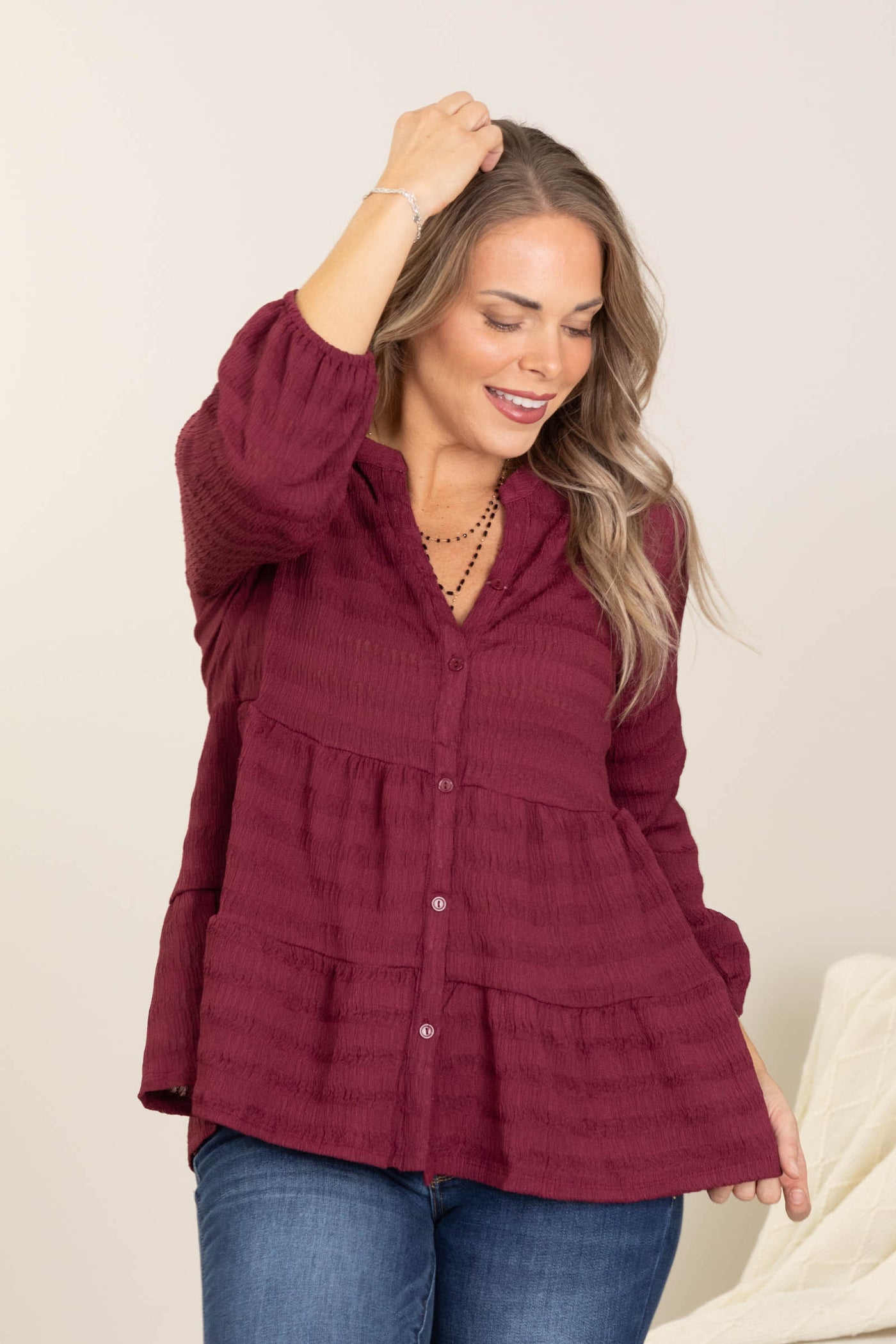 Wine Button Down Tiered Woven Top