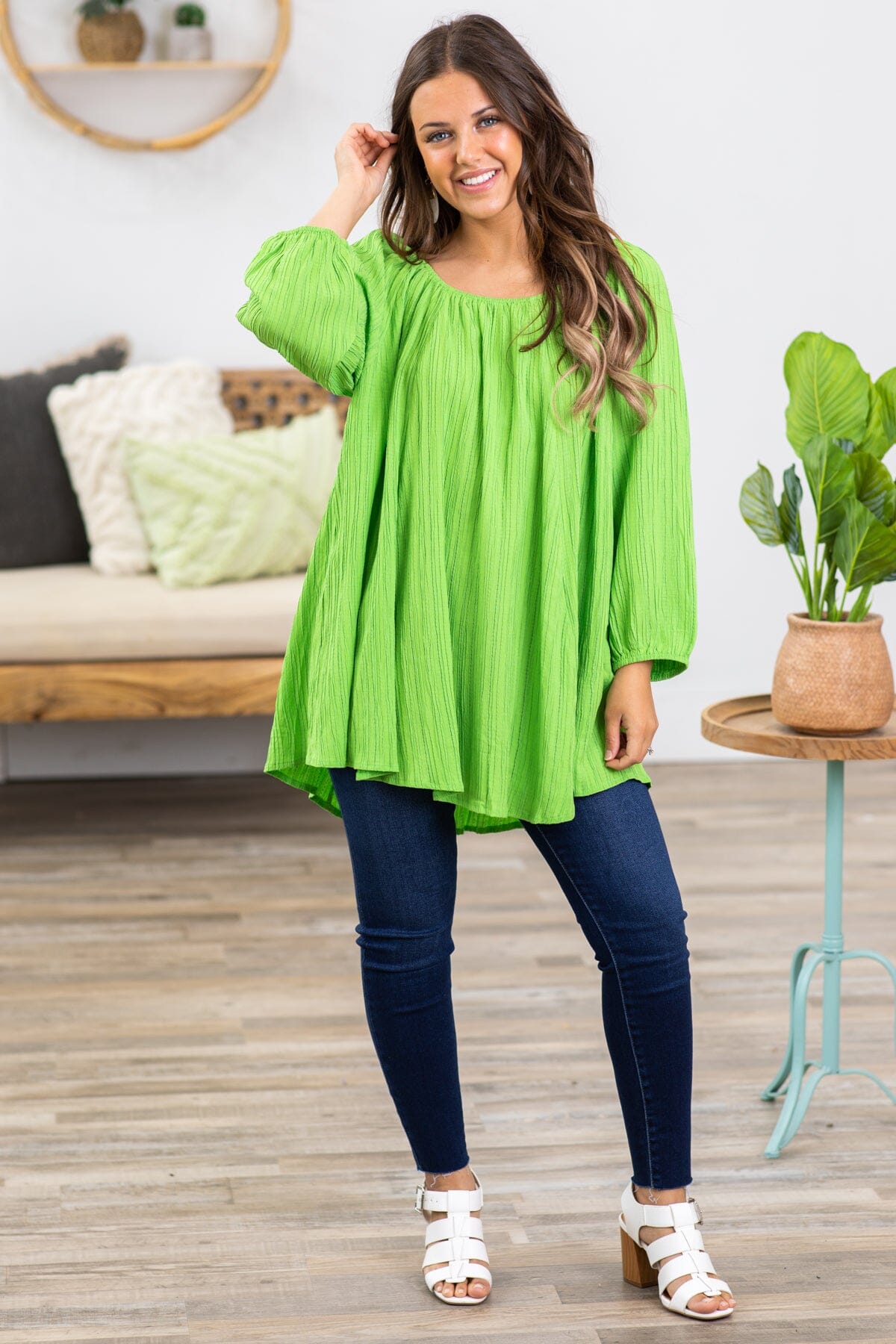 Lime Green Elastic Trim Textured Top - Filly Flair