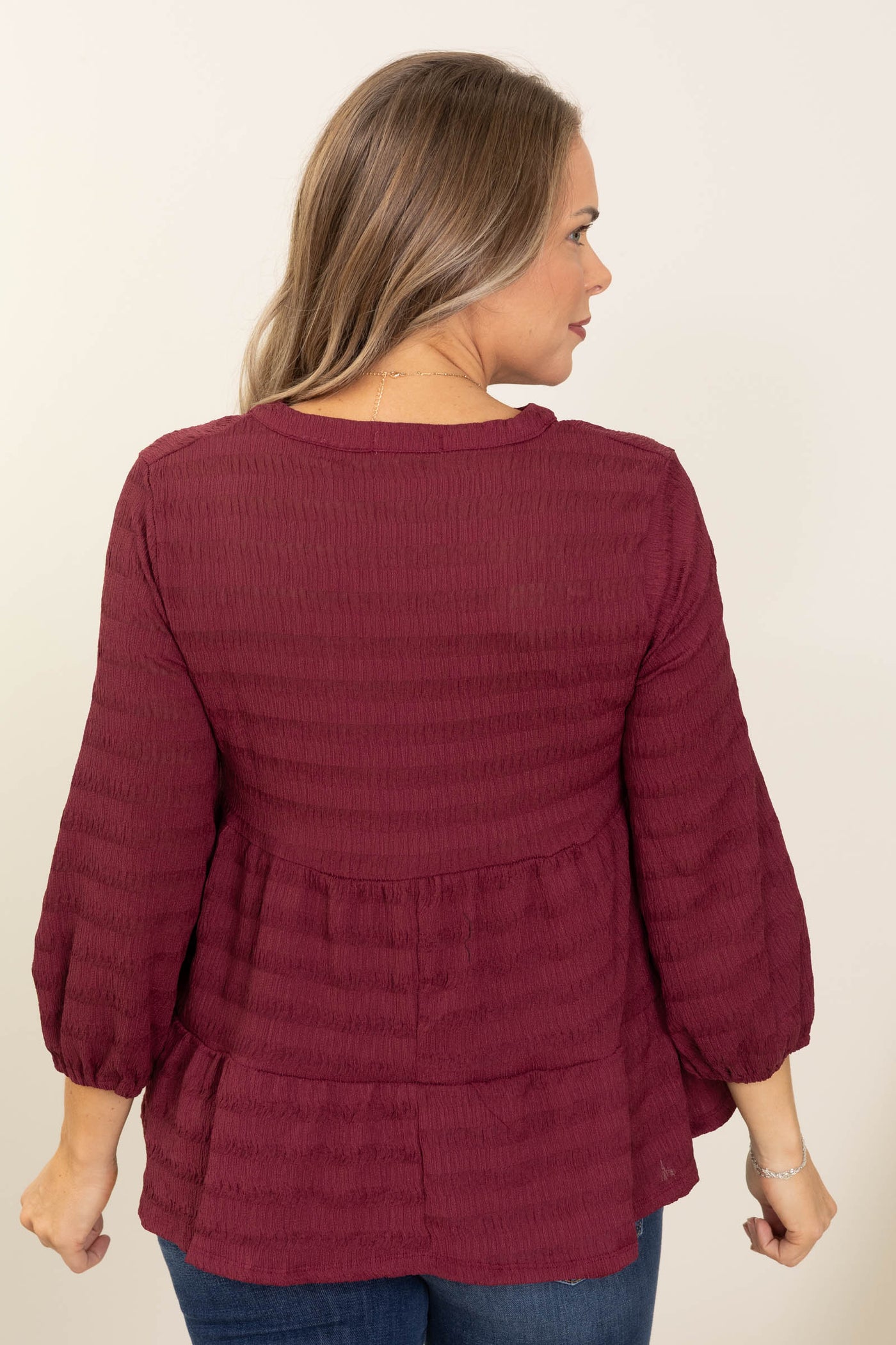 Wine Button Down Tiered Woven Top