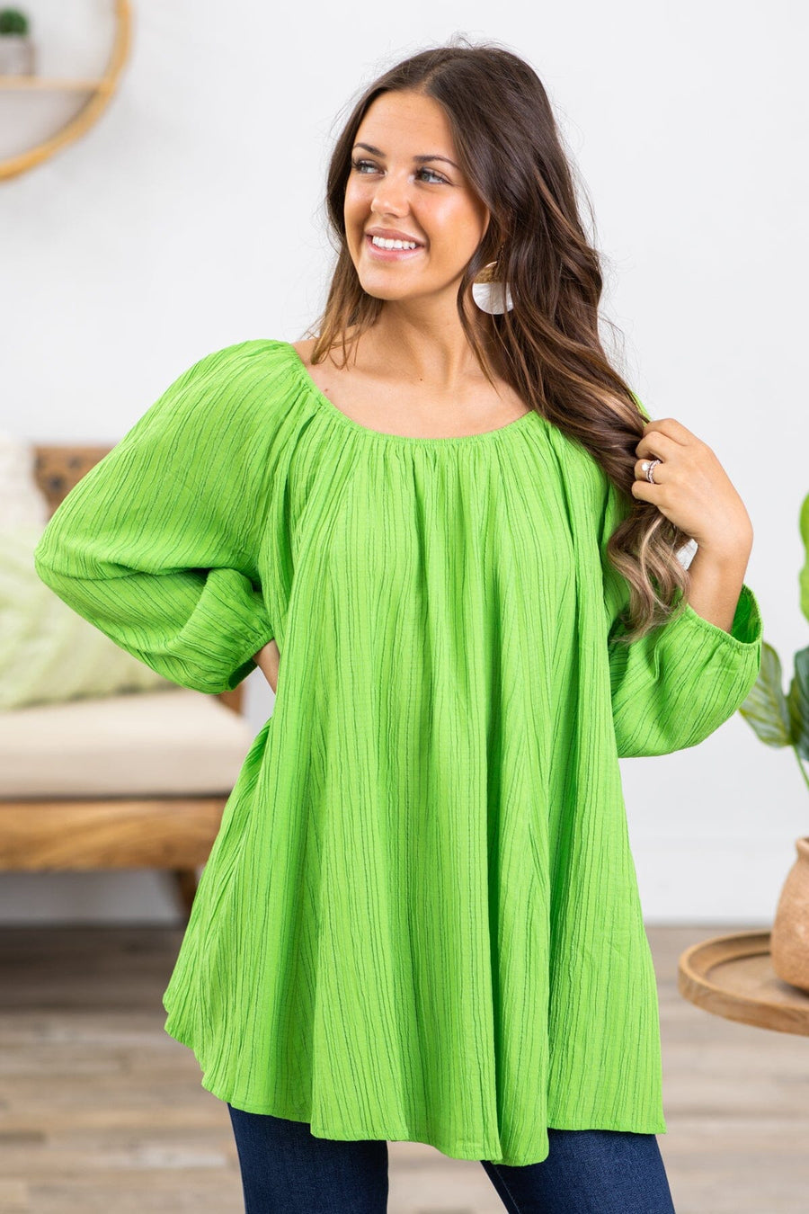 Lime Green Elastic Trim Textured Top - Filly Flair