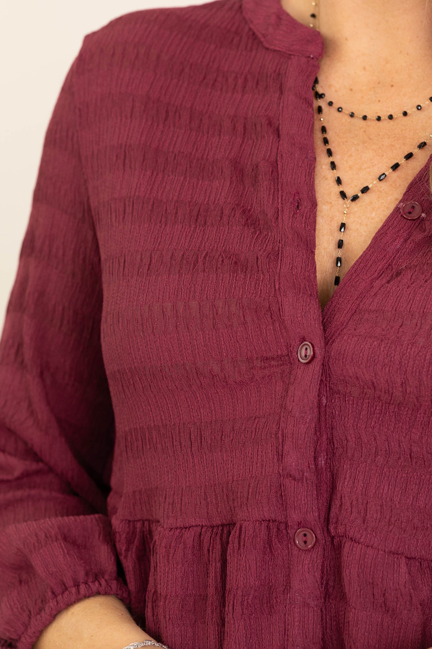 Wine Button Down Tiered Woven Top