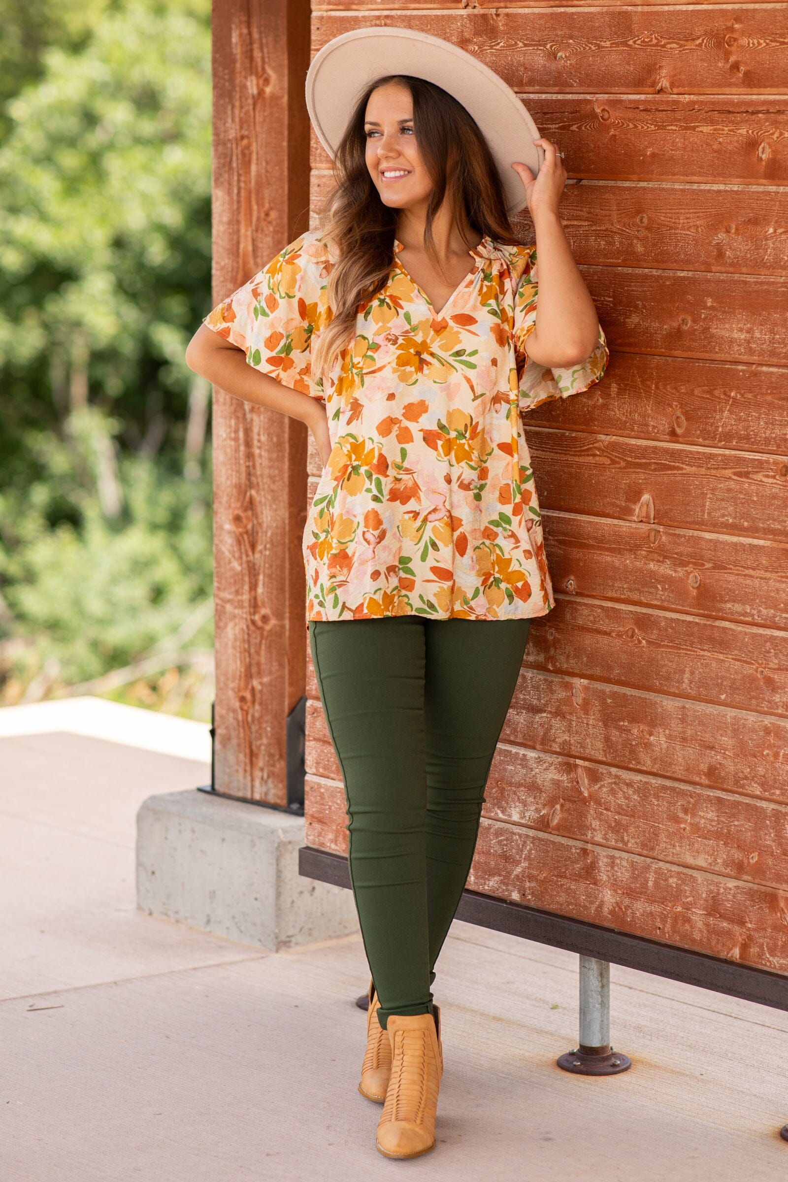 Orange Multicolor Floral Print Notch Neck Top - Filly Flair